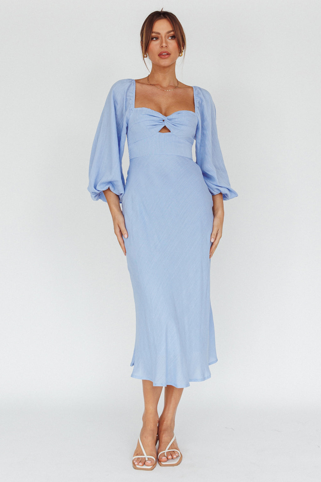 Betina Twist Bust Long Sleeve Midi Dress Blue by Selfie Leslie Australia