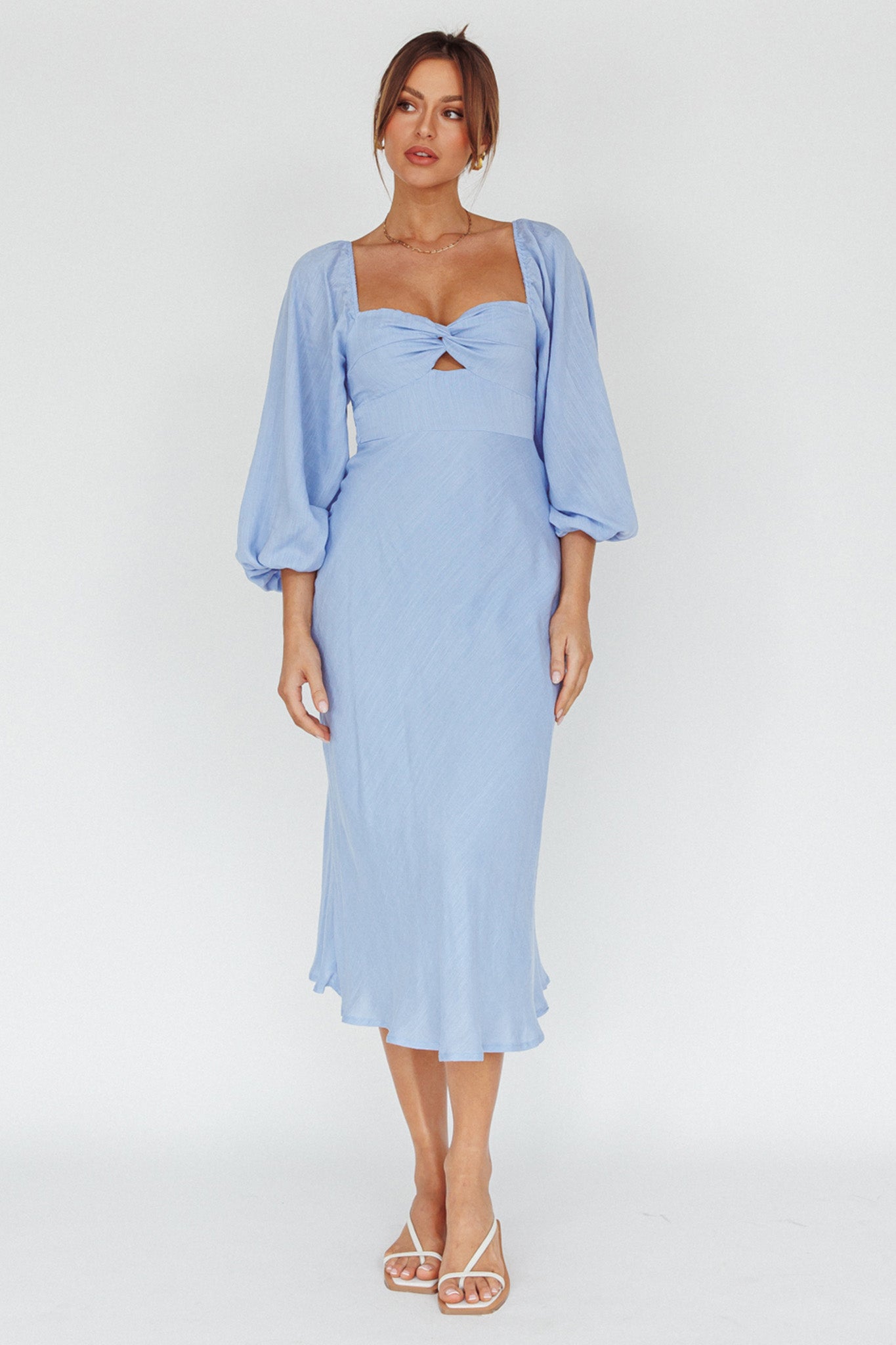 Betina Twist Bust Long Sleeve Midi Dress Blue by Selfie Leslie Australia