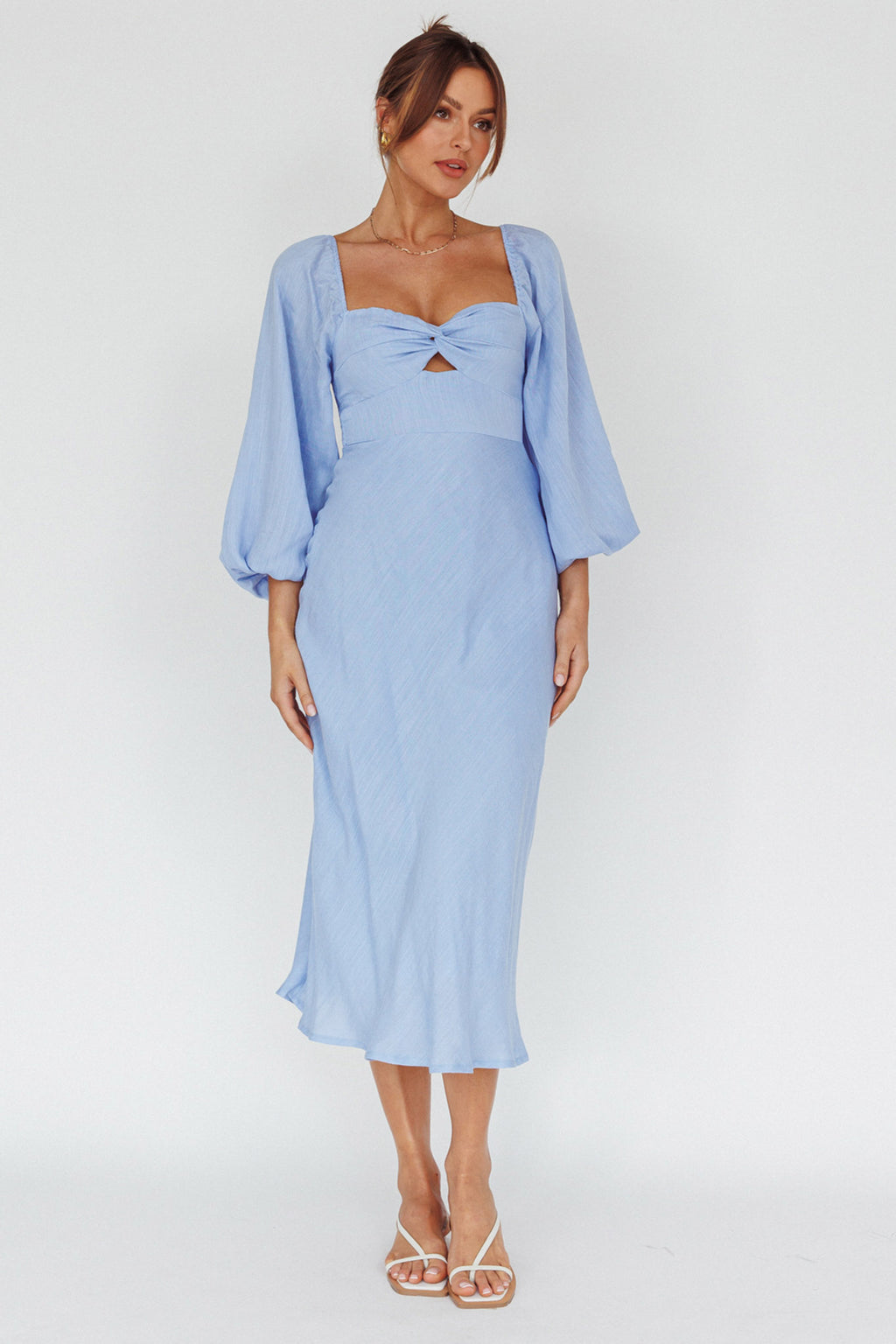 Betina Twist Bust Long Sleeve Midi Dress Blue by Selfie Leslie Australia