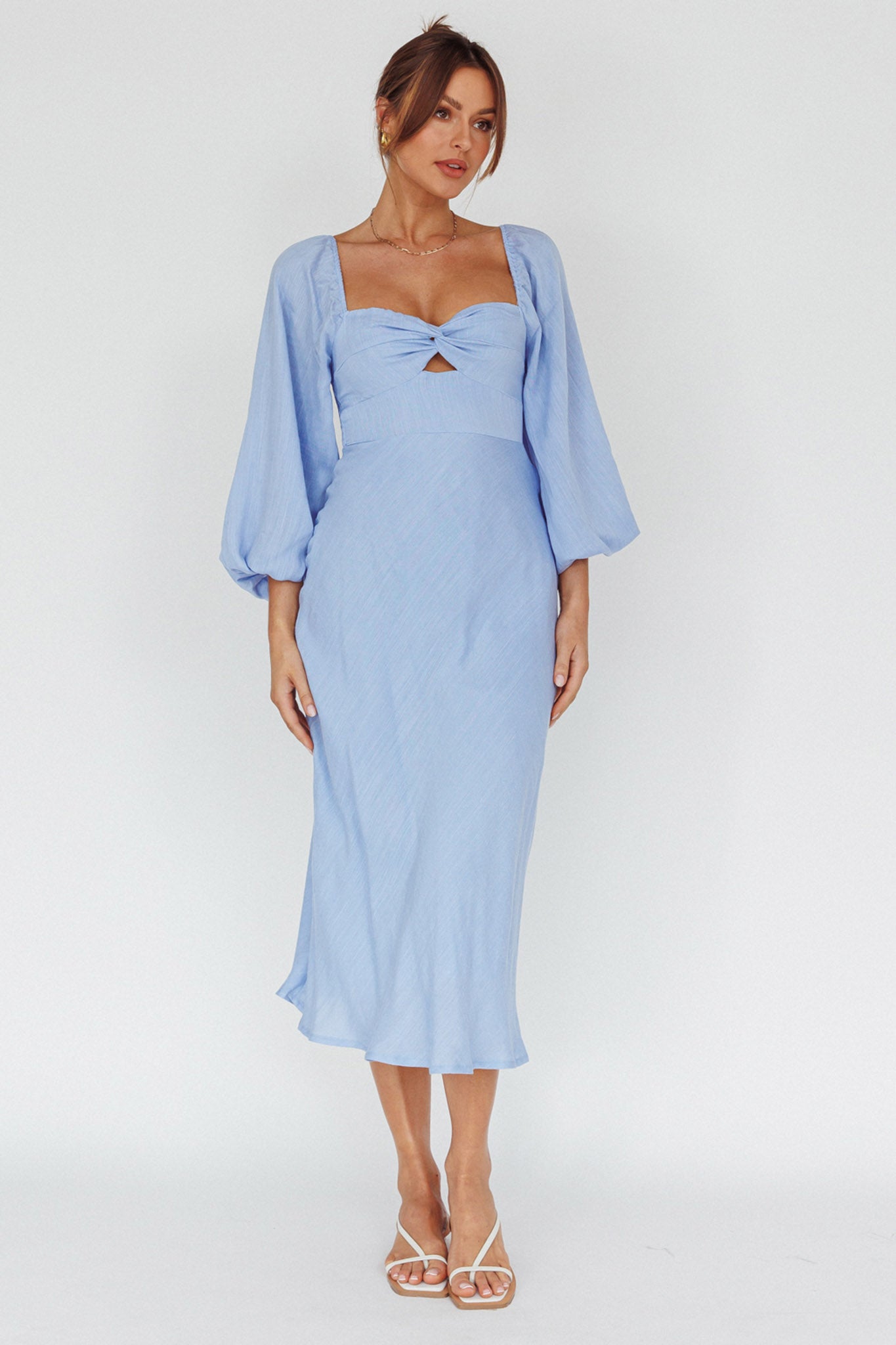 Betina Twist Bust Long Sleeve Midi Dress Blue by Selfie Leslie Australia