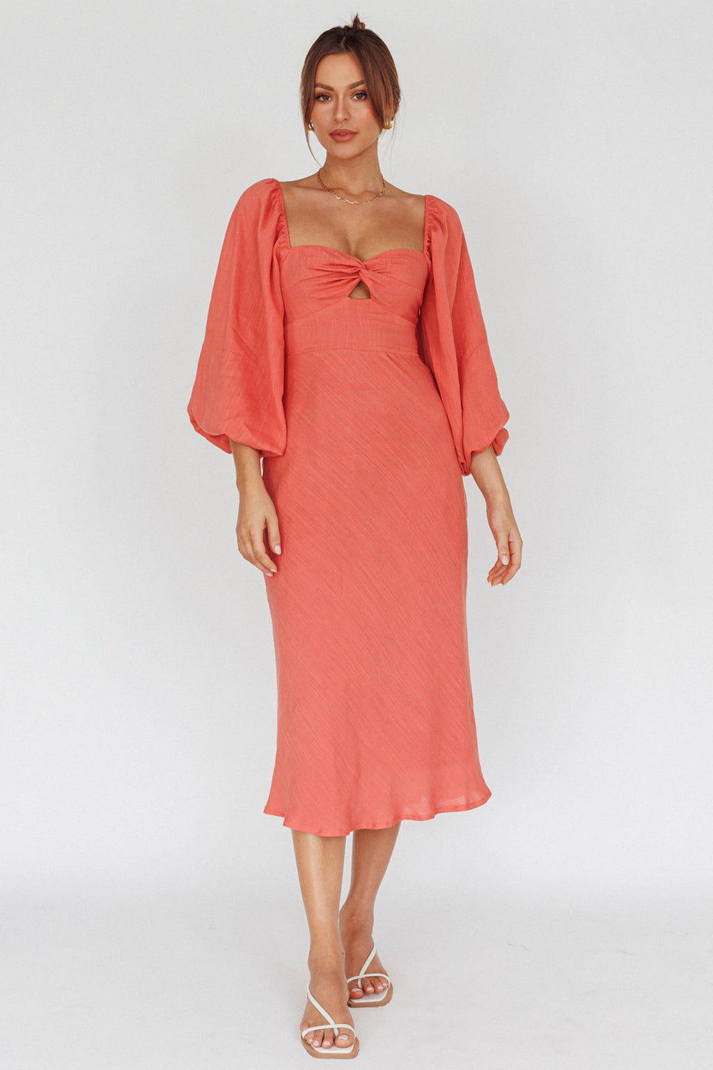 Betina Twist Bust Long Sleeve Midi Dress Lipstick by Selfie Leslie Australia