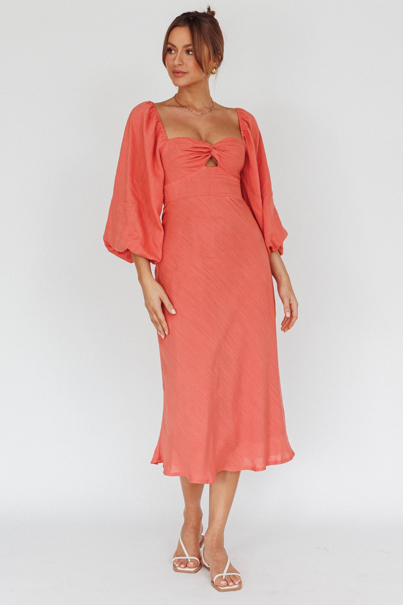 Betina Twist Bust Long Sleeve Midi Dress Lipstick by Selfie Leslie Australia