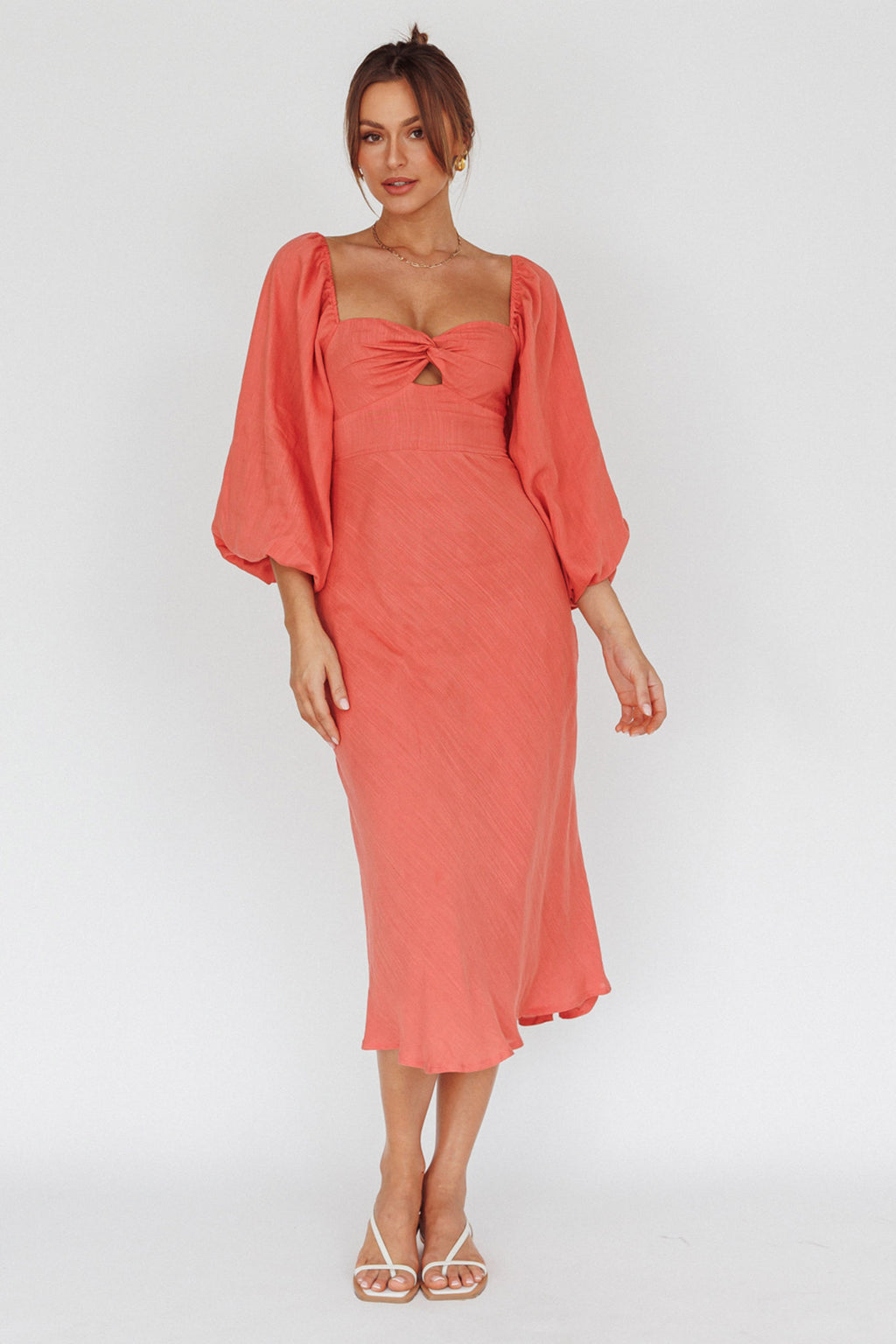 Betina Twist Bust Long Sleeve Midi Dress Lipstick by Selfie Leslie Australia