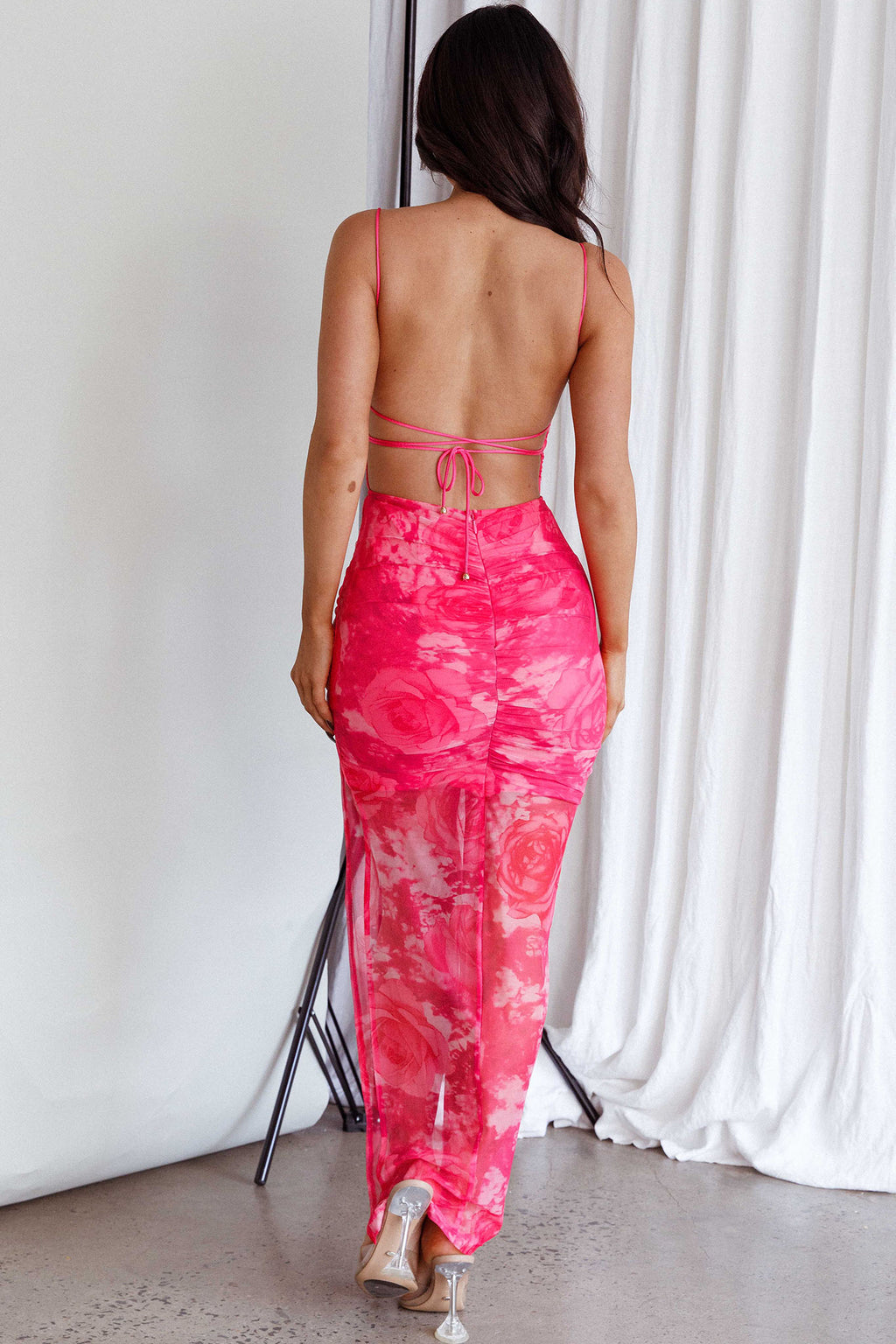 Madelyn Backless Midi Dress Rose Print Pink by Selfie Leslie Australia