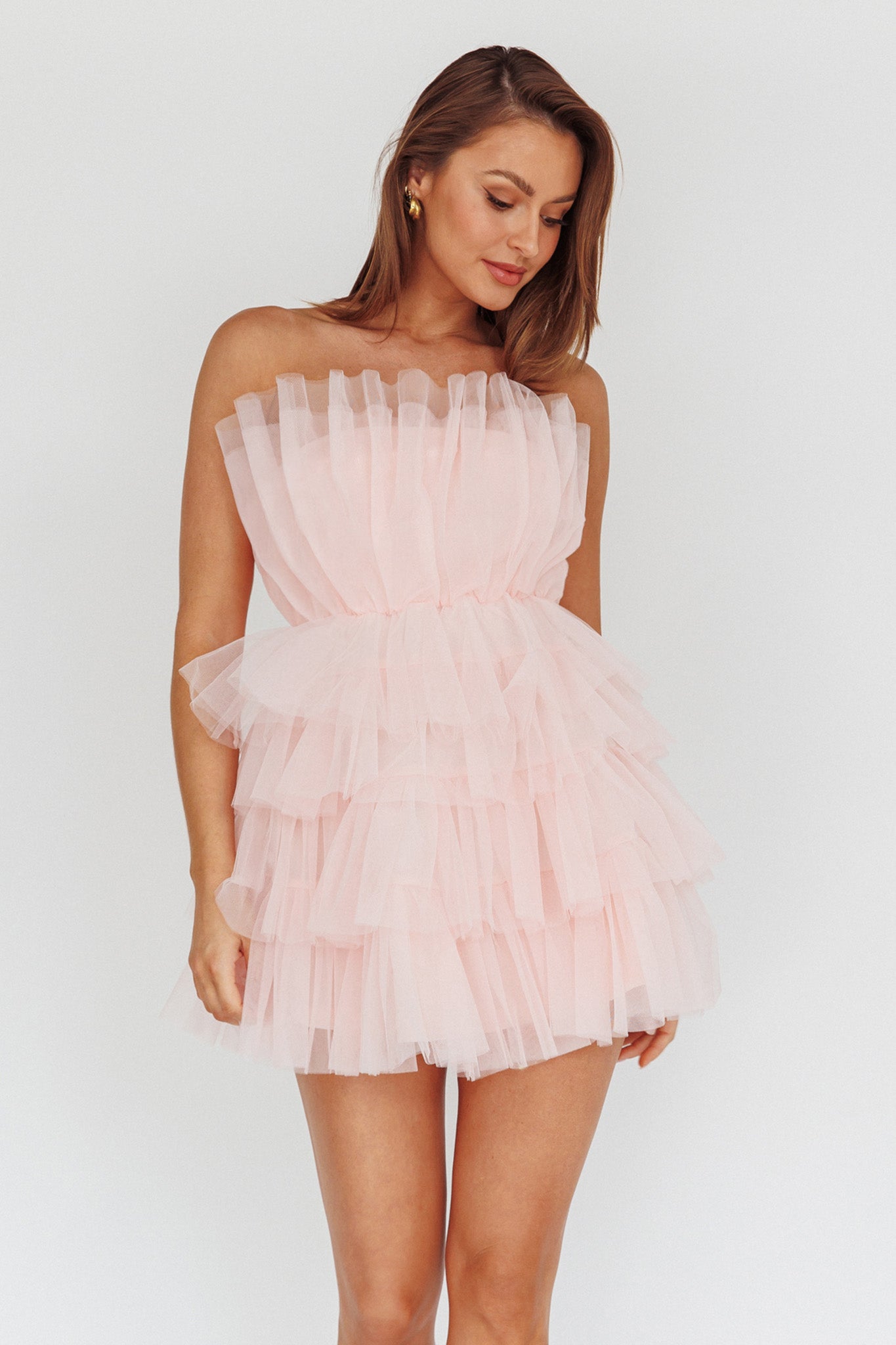 Bon Bon Tiered Mesh Mini Dress Blush by Selfie Leslie Australia
