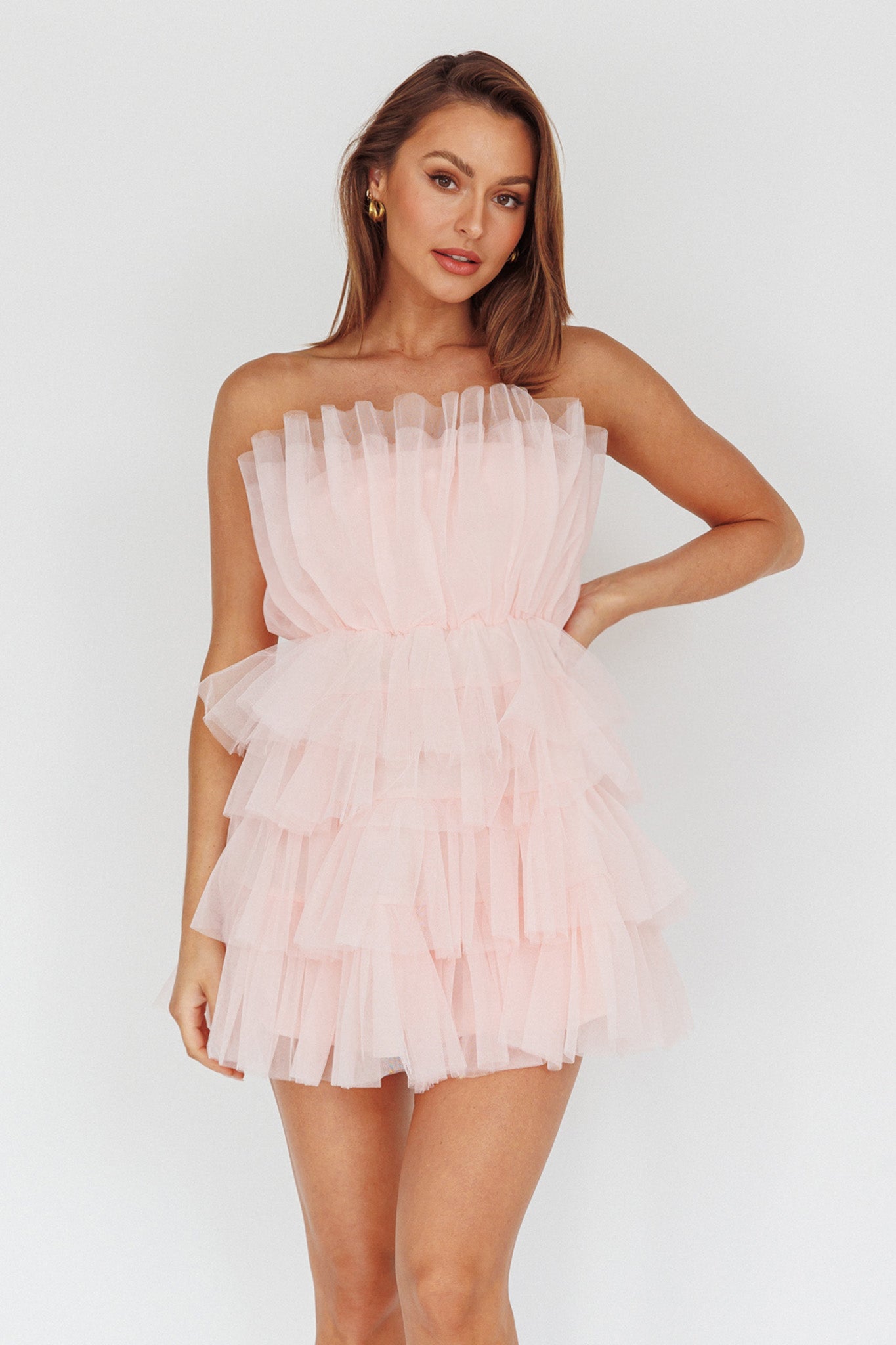 Bon Bon Tiered Mesh Mini Dress Blush by Selfie Leslie Australia