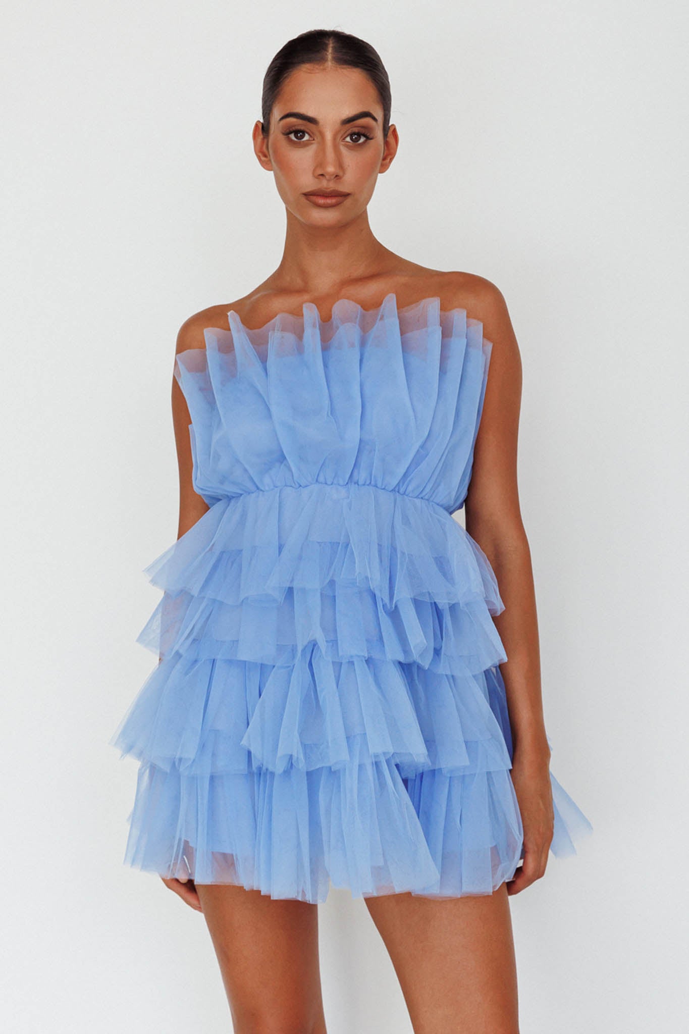Bon Bon Tiered Mesh Mini Dress Steel Blue by Selfie Leslie Australia