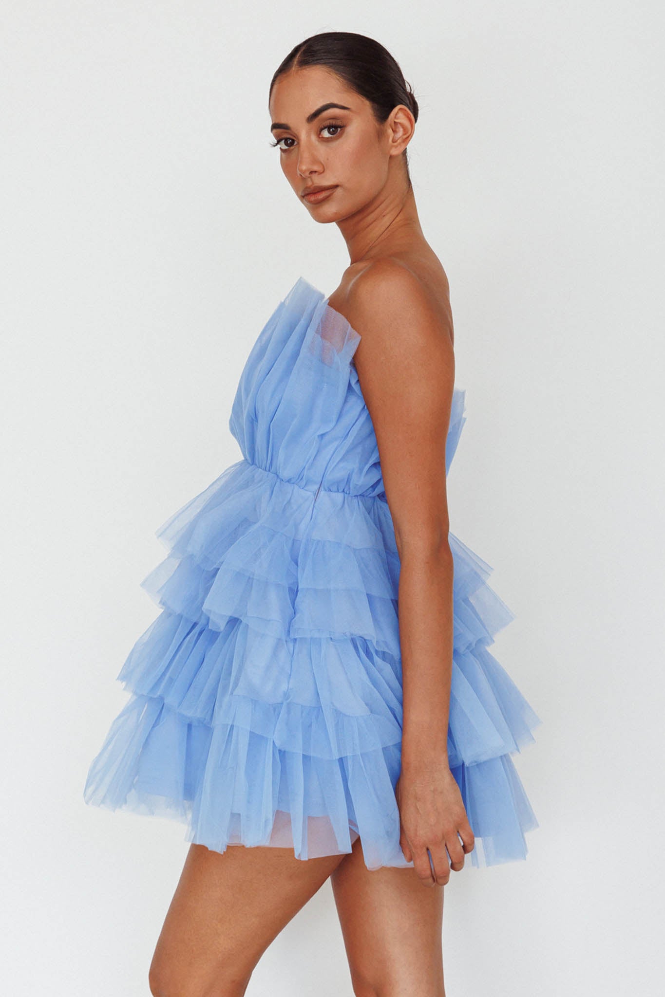 Bon Bon Tiered Mesh Mini Dress Steel Blue by Selfie Leslie Australia