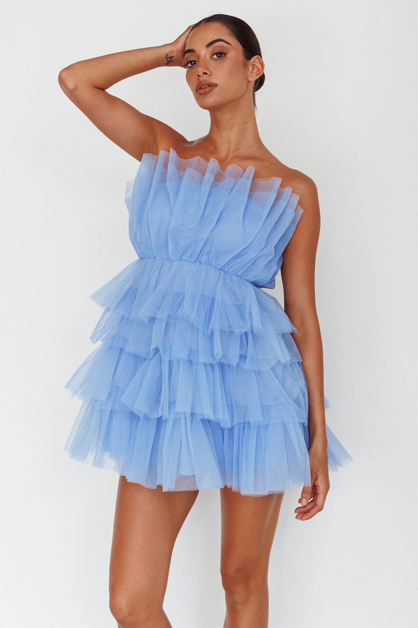 Bon Bon Tiered Mesh Mini Dress Steel Blue by Selfie Leslie Australia