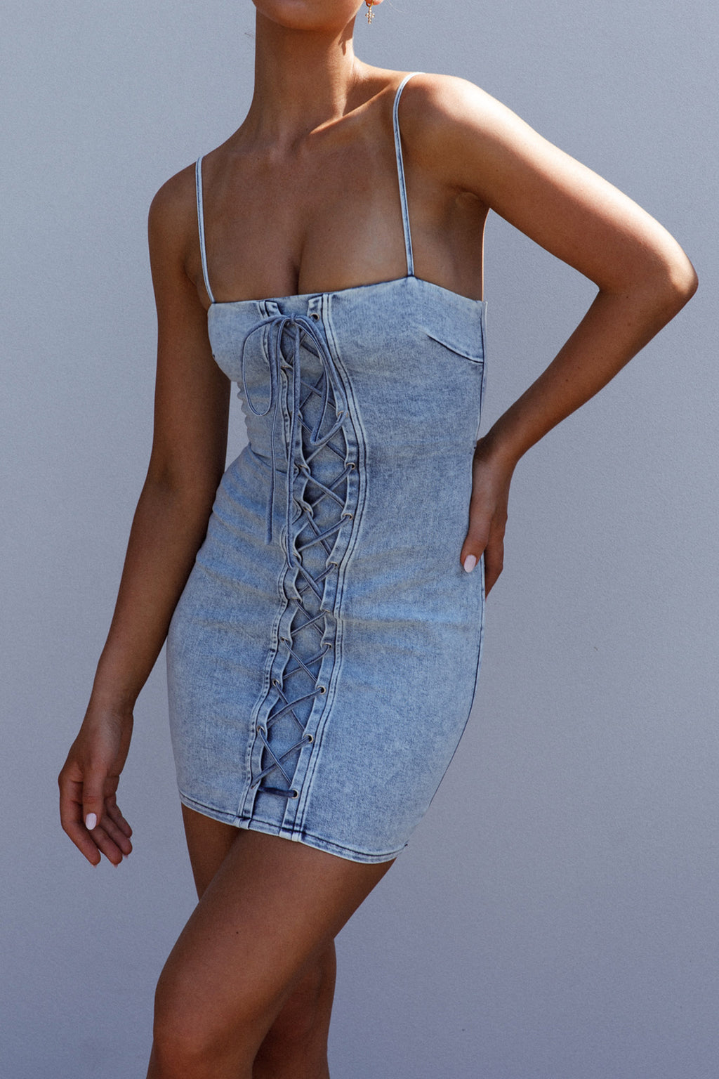 Don't Try Me Lace Up Mini Dress Denim by Selfie Leslie Australia