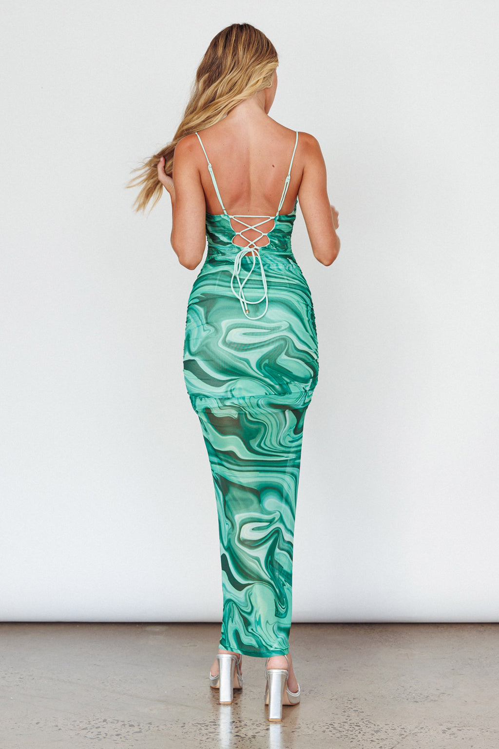 Love In Miami Lace-Up Back Maxi Dress Marble Green by Selfie Leslie Australia