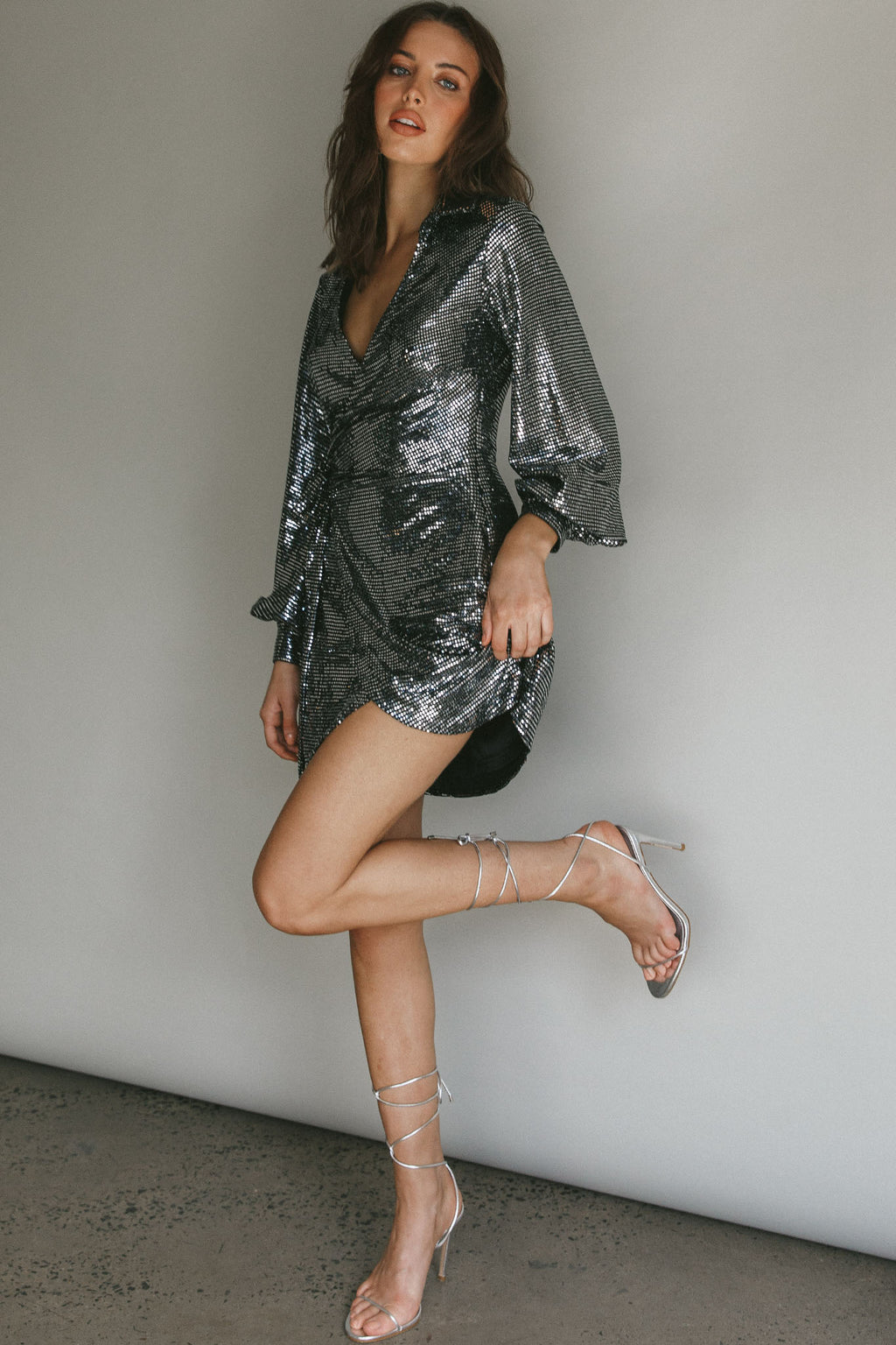 Ruma Faux Wrap Shirt Dress Sequin Metal by Selfie Leslie Australia