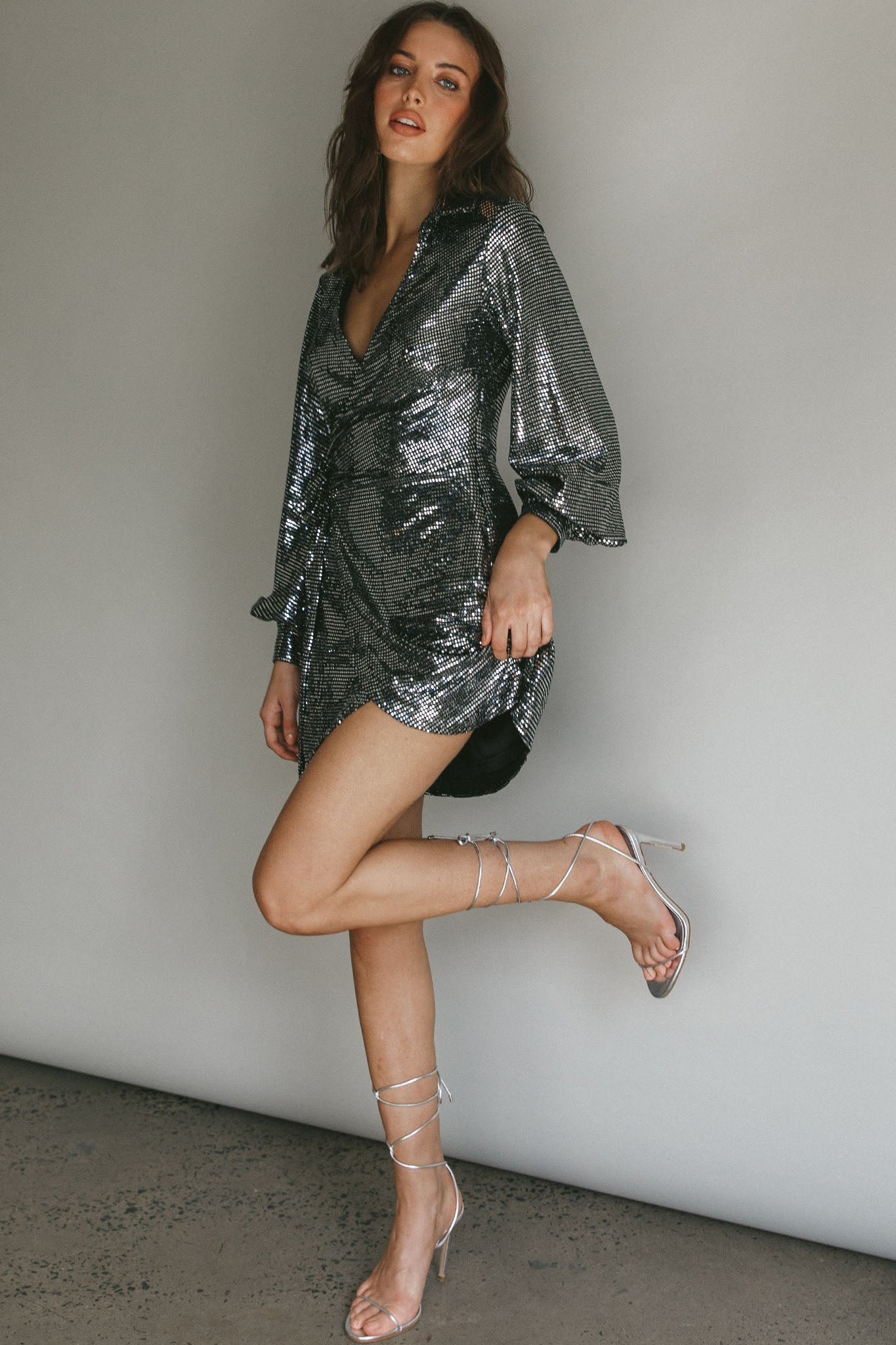 Ruma Faux Wrap Shirt Dress Sequin Metal by Selfie Leslie Australia