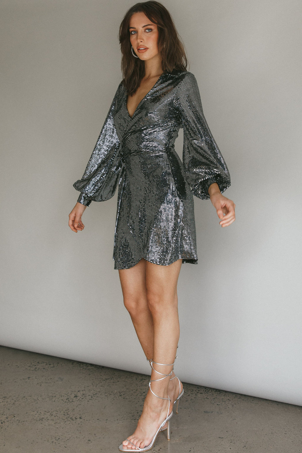 Ruma Faux Wrap Shirt Dress Sequin Metal by Selfie Leslie Australia