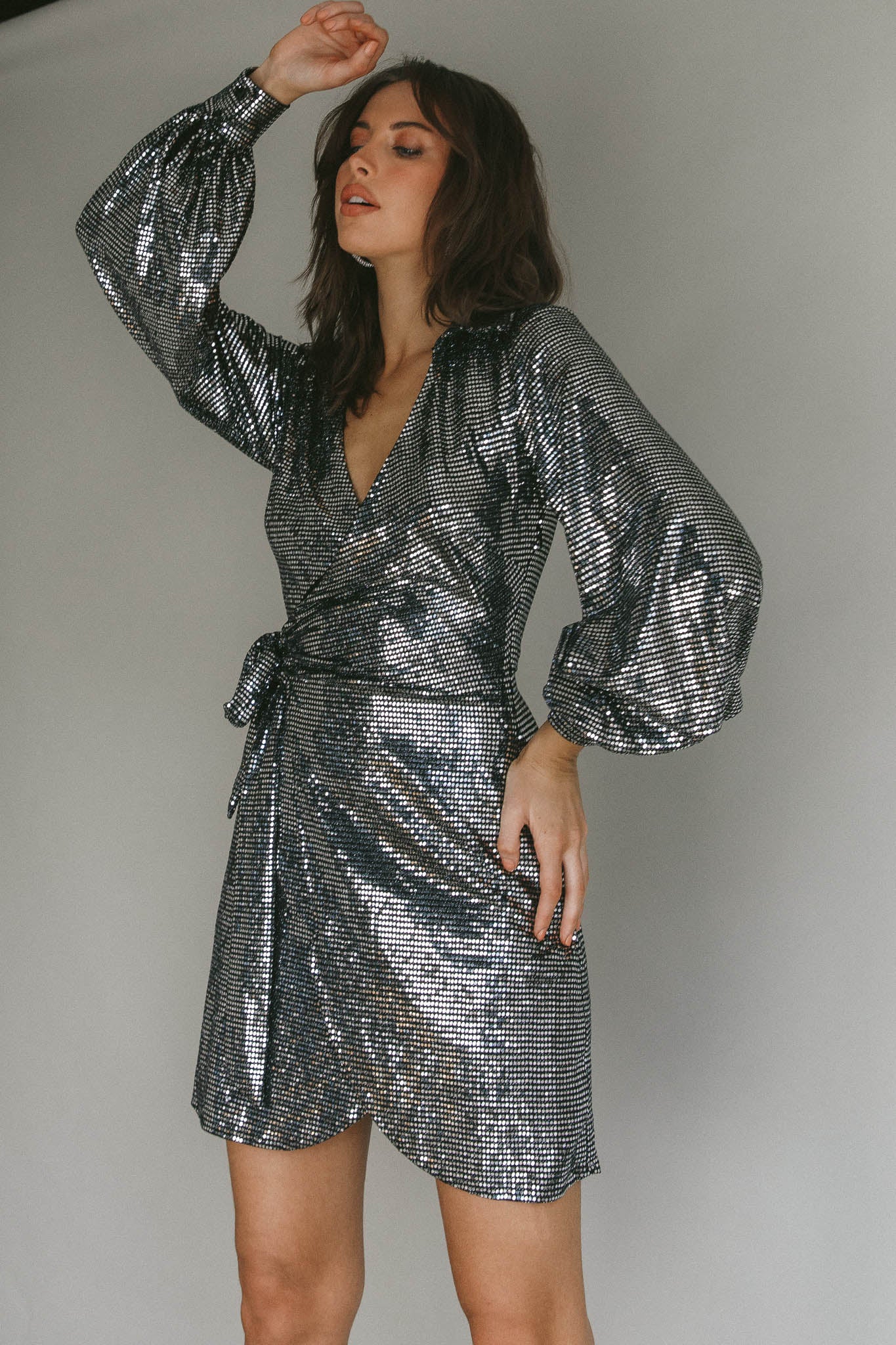 Ruma Faux Wrap Shirt Dress Sequin Metal by Selfie Leslie Australia
