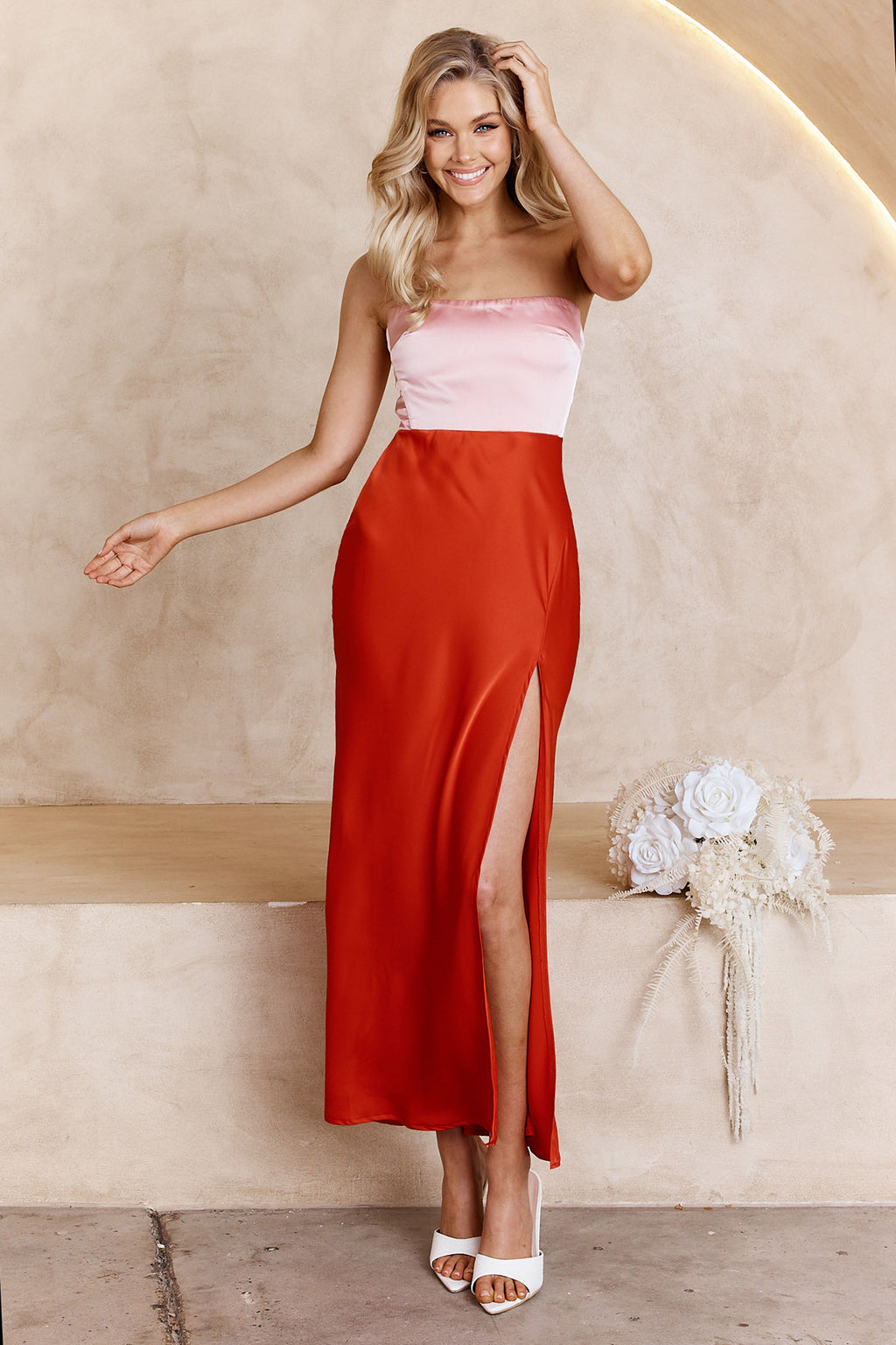 Everlee Strapless Split Midi Dress Pink by Selfie Leslie Australia