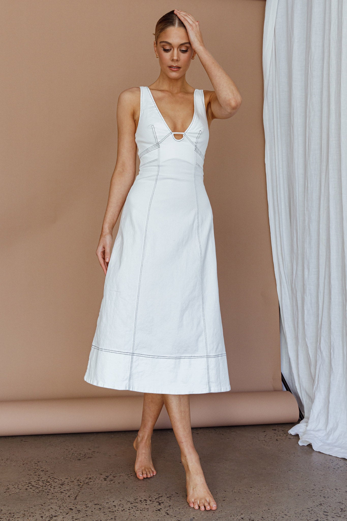 Elias Decorative Stitch Midi Dress White by Selfie Leslie Australia