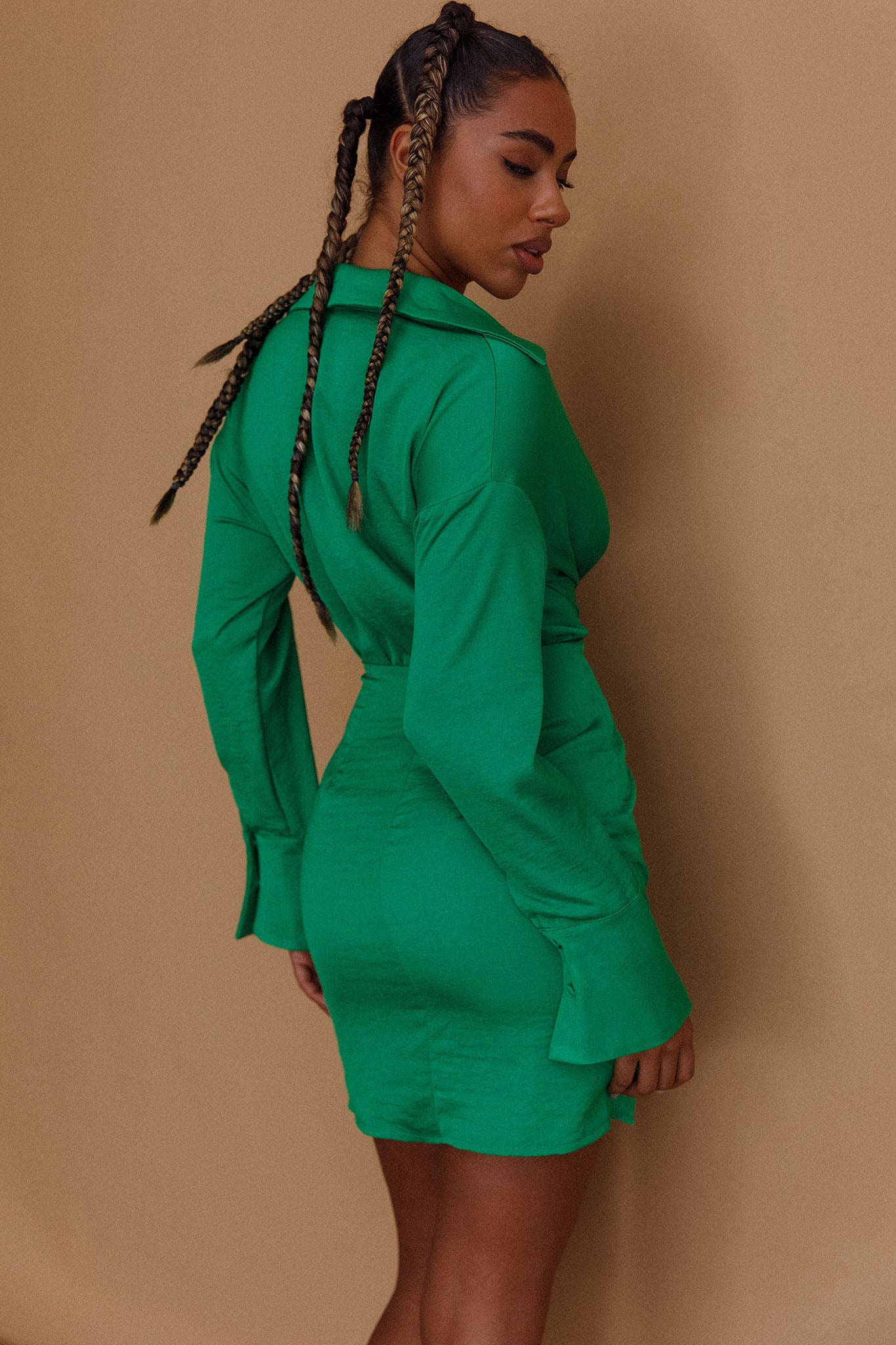 Romy Satin Shirt Dress Green by Selfie Leslie