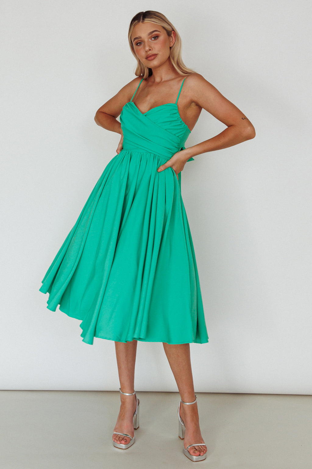 Salome Tied Back Knee Length Dress Green by Selfie Leslie Australia