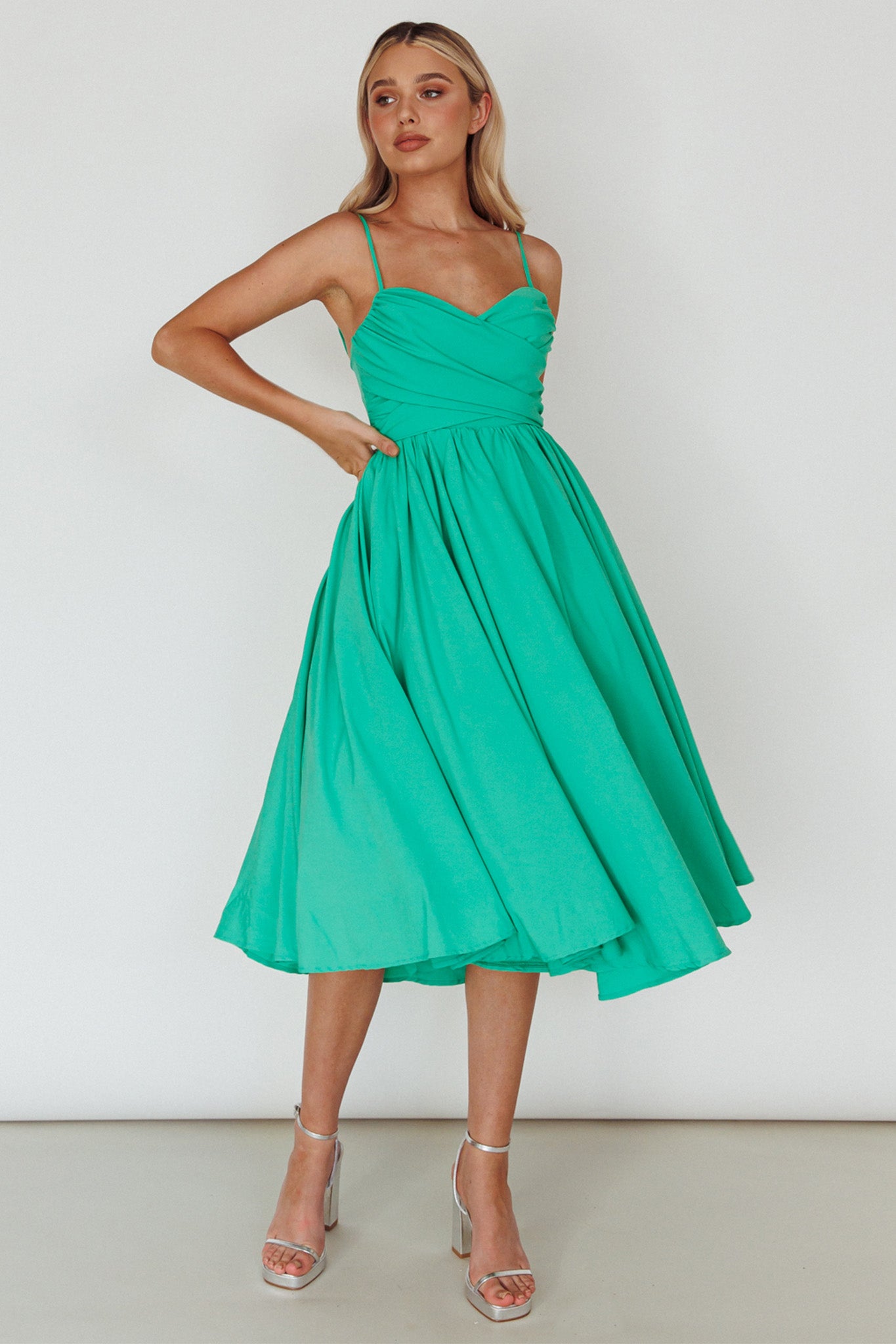 Salome Tied Back Knee Length Dress Green by Selfie Leslie Australia