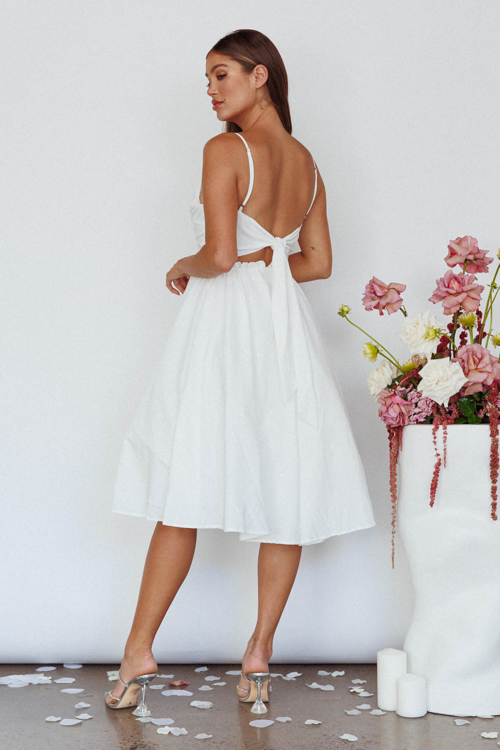 Salome Tied Back Knee Length Dress White by Selfie Leslie Australia