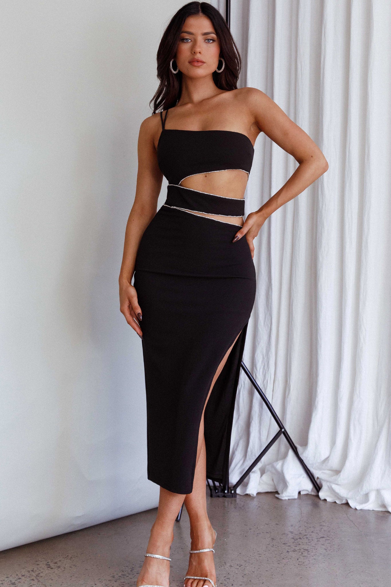 Raye Cut-Out Waist Rhinestone Midi Dress Black by Selfie Leslie Australia