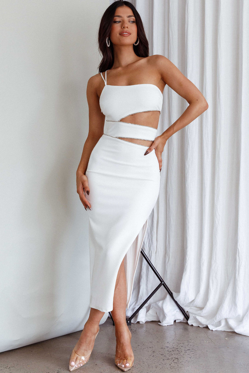 Raye Cut-Out Waist Rhinestone Midi Dress White by Selfie Leslie Australia