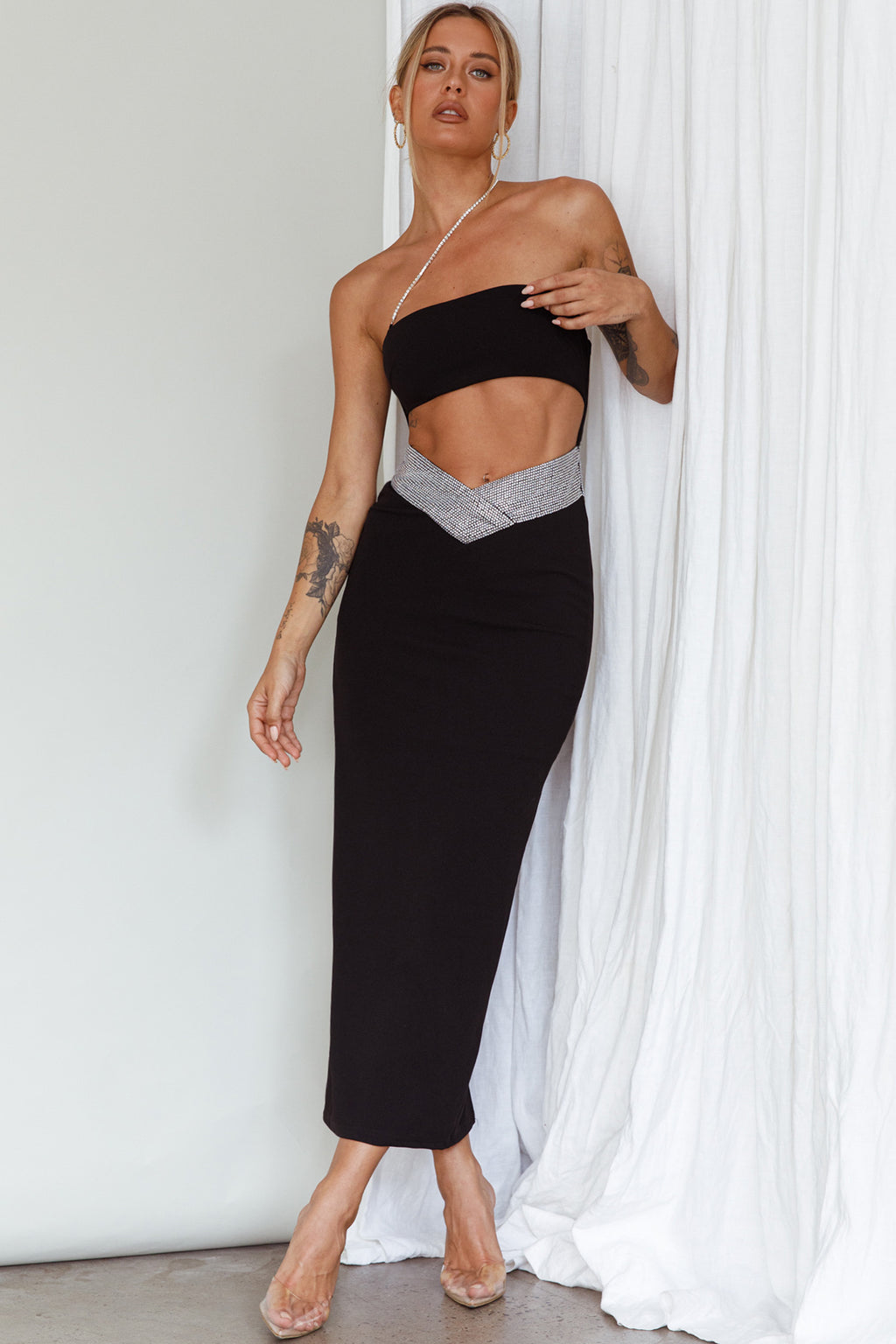 Megyn Diamante Midi Dress Black by Selfie Leslie Australia