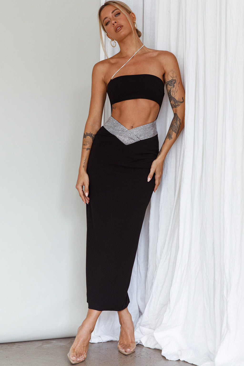 Megyn Diamante Midi Dress Black by Selfie Leslie Australia