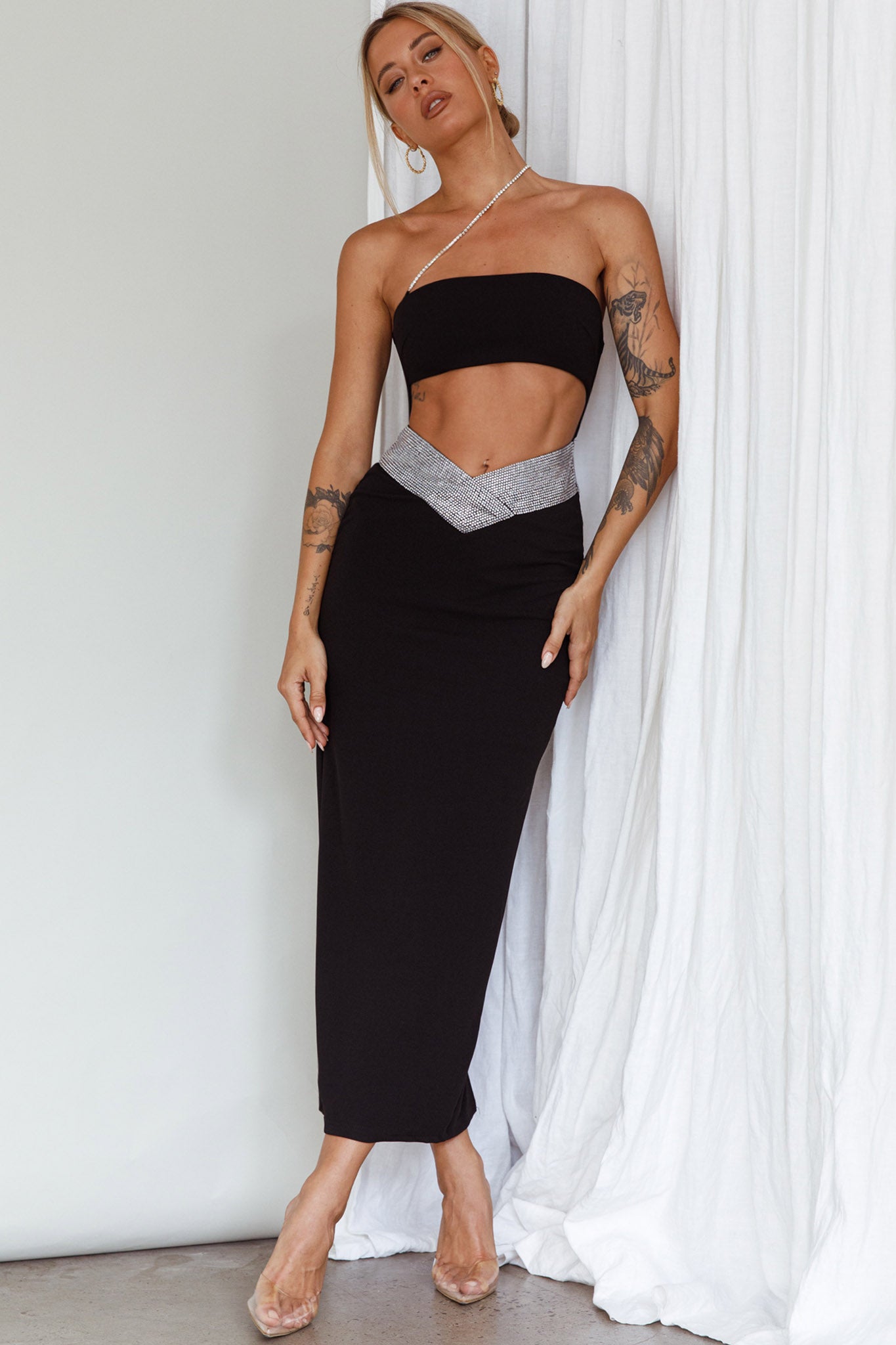 Megyn Diamante Midi Dress Black by Selfie Leslie Australia