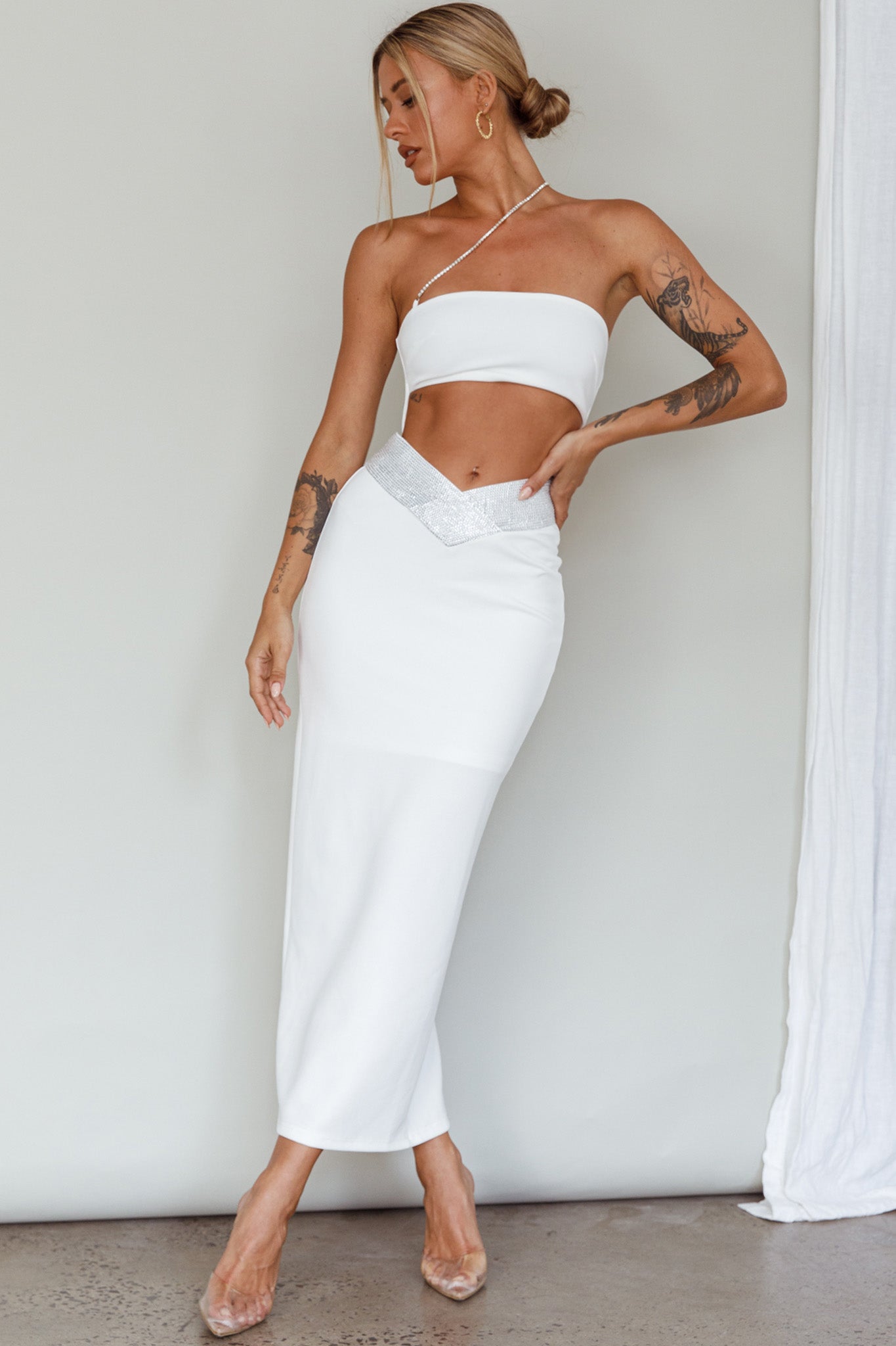 Megyn Diamante Midi Dress White by Selfie Leslie Australia