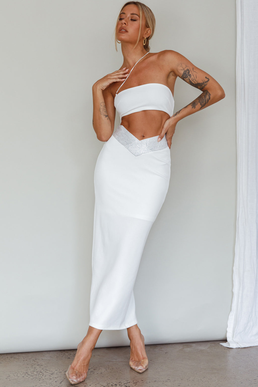 Megyn Diamante Midi Dress White by Selfie Leslie Australia