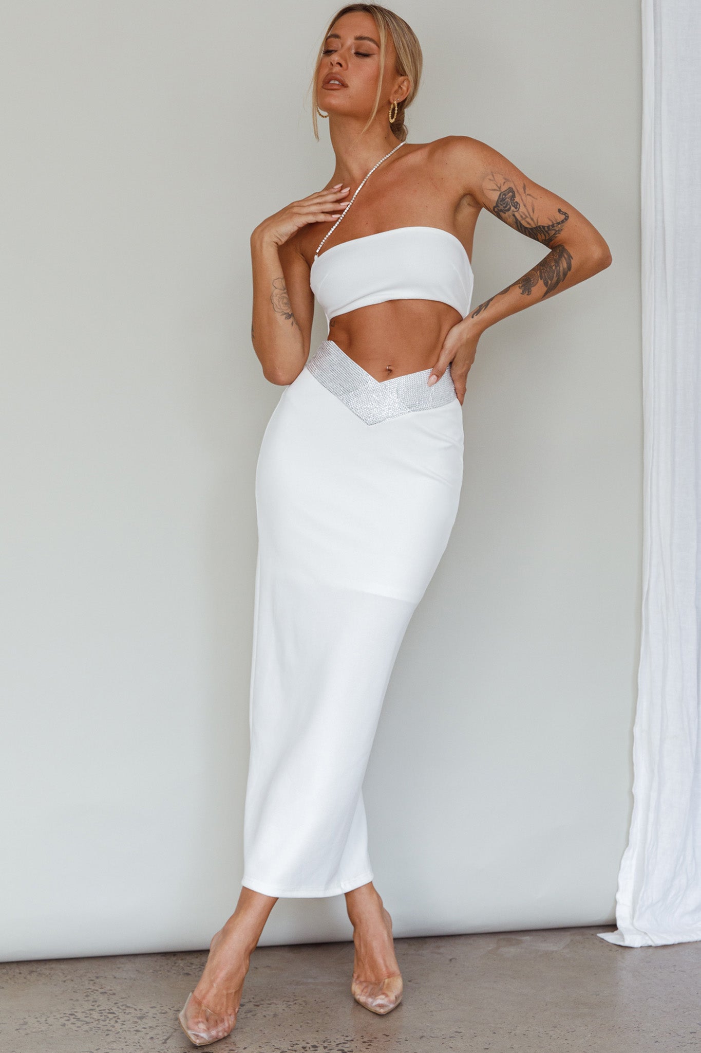 Megyn Diamante Midi Dress White by Selfie Leslie Australia