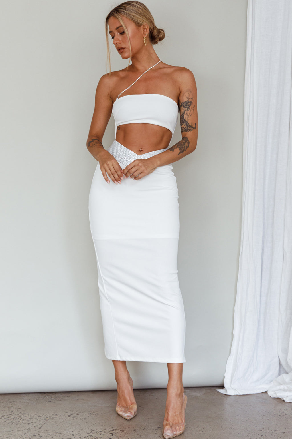 Megyn Diamante Midi Dress White by Selfie Leslie Australia