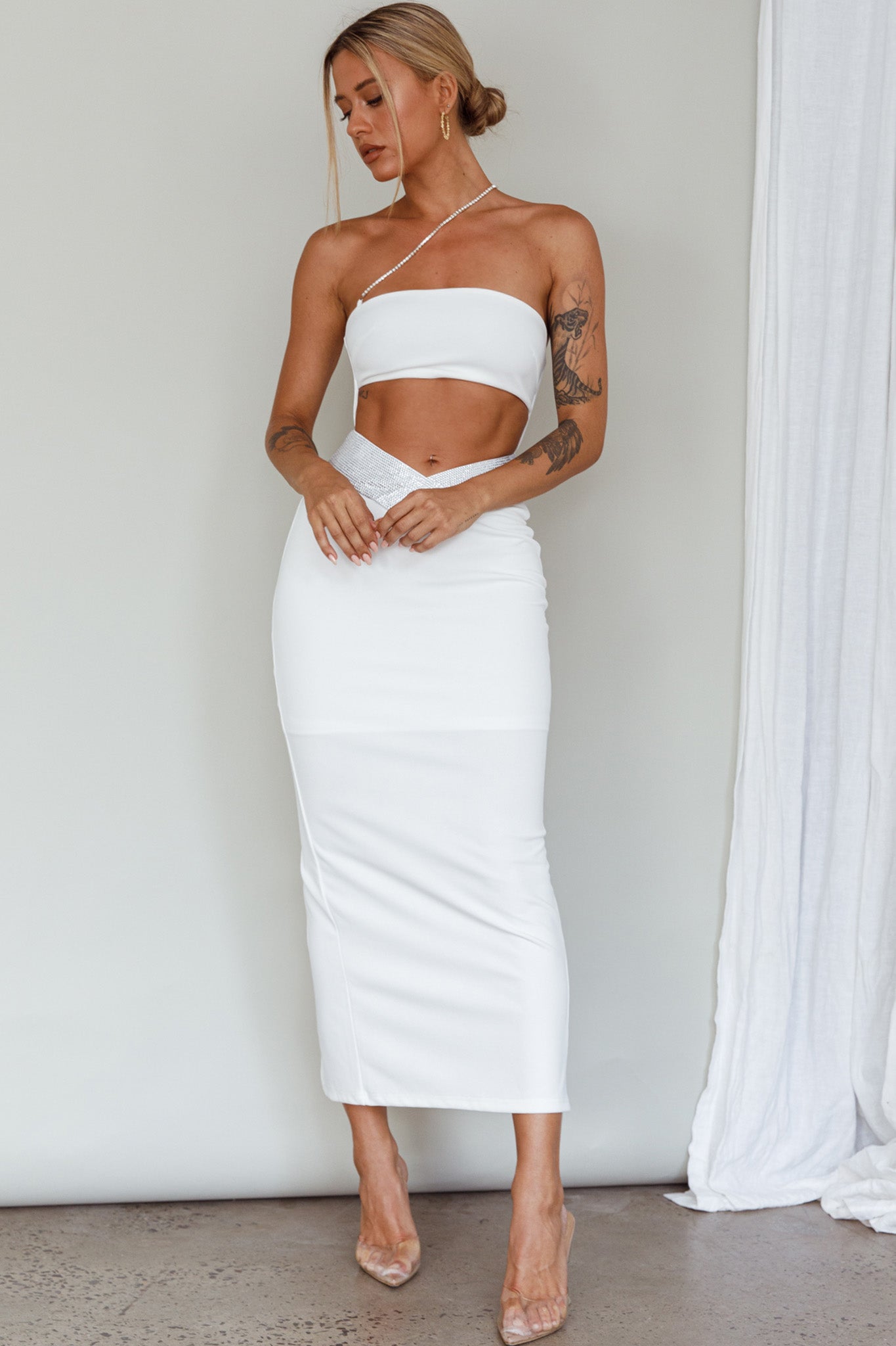 Megyn Diamante Midi Dress White by Selfie Leslie Australia