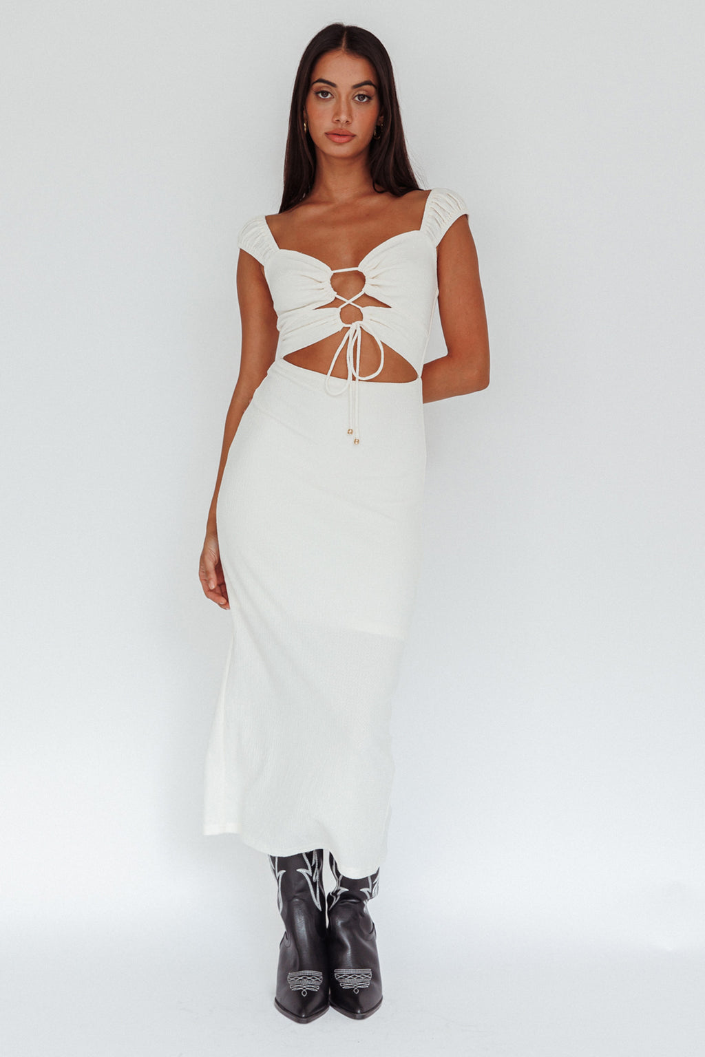 Iconic Cut-Out Bodice Midi Dress Cream by Selfie Leslie Australia