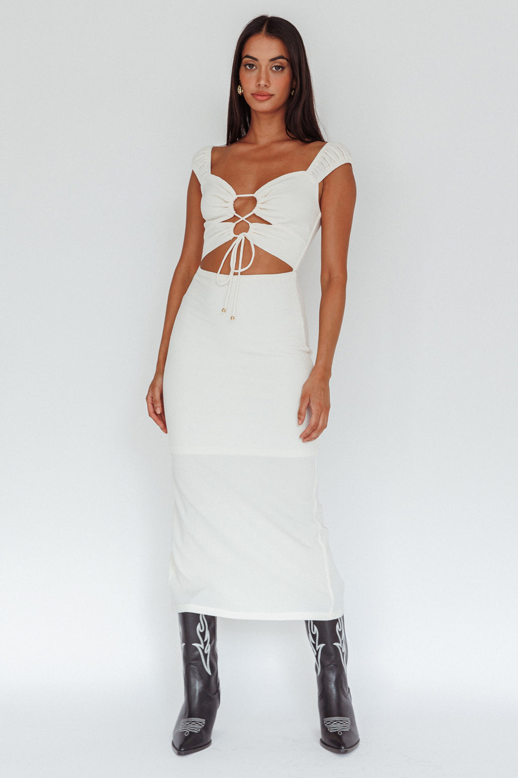 Iconic Cut-Out Bodice Midi Dress Cream by Selfie Leslie Australia