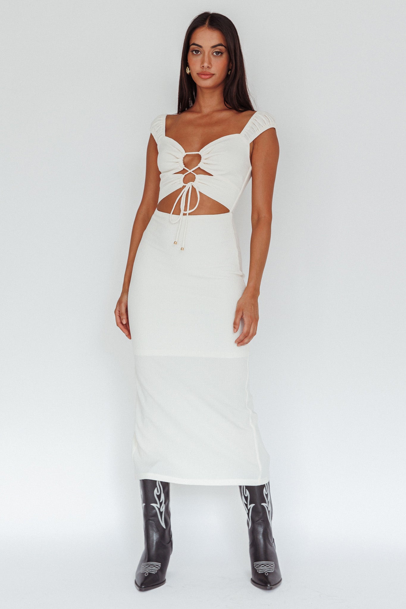 Iconic Cut-Out Bodice Midi Dress Cream by Selfie Leslie Australia