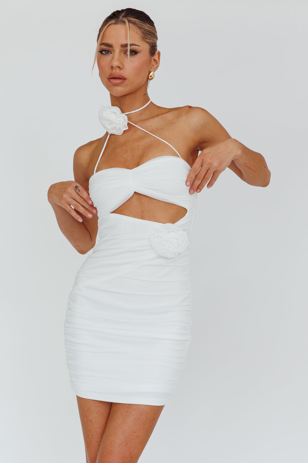 Calia Rose Accent Ruched Mini Dress White by Selfie Leslie Australia