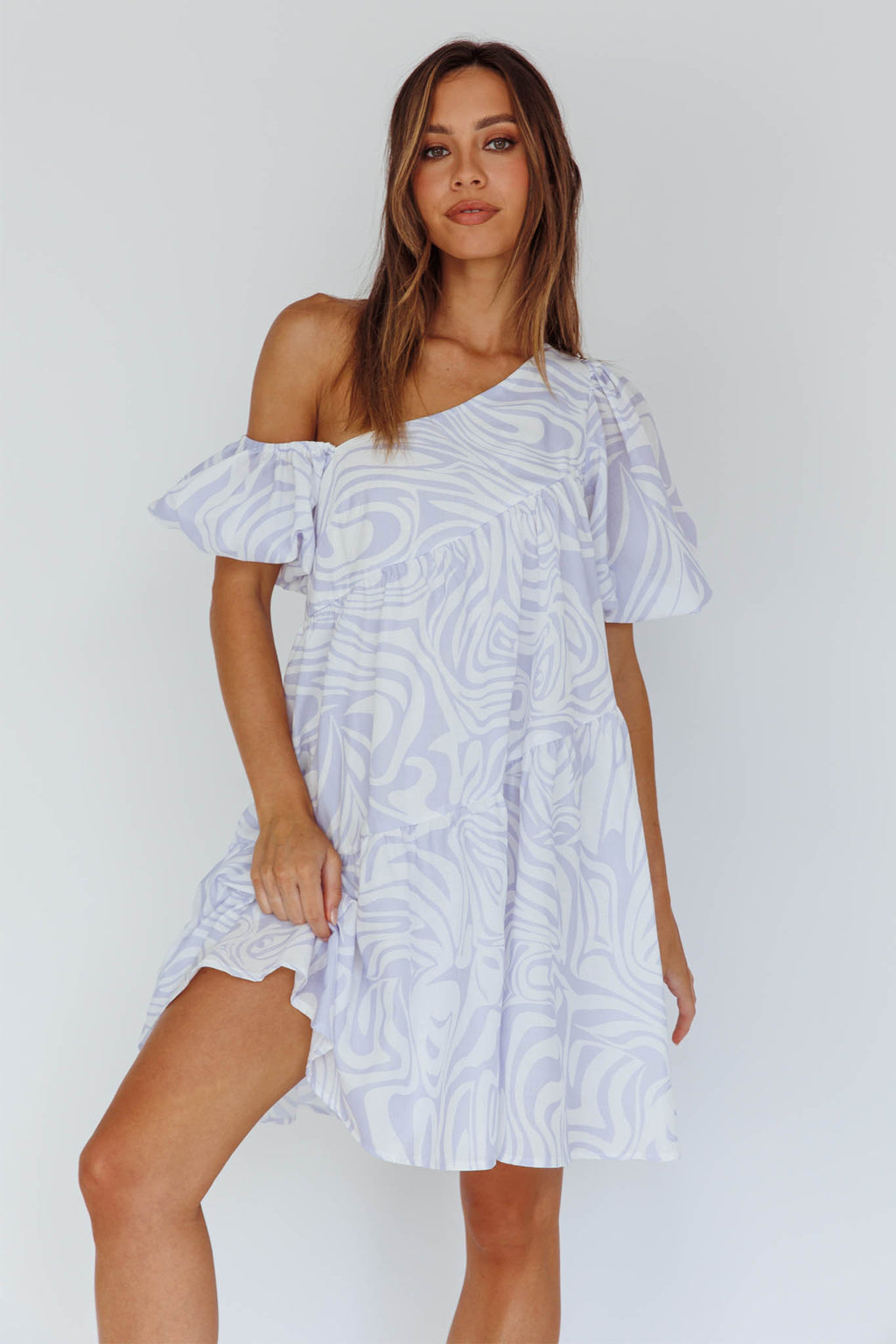 Villa Puff Sleeve One-Shoulder Dress Blue by Selfie Leslie Australia