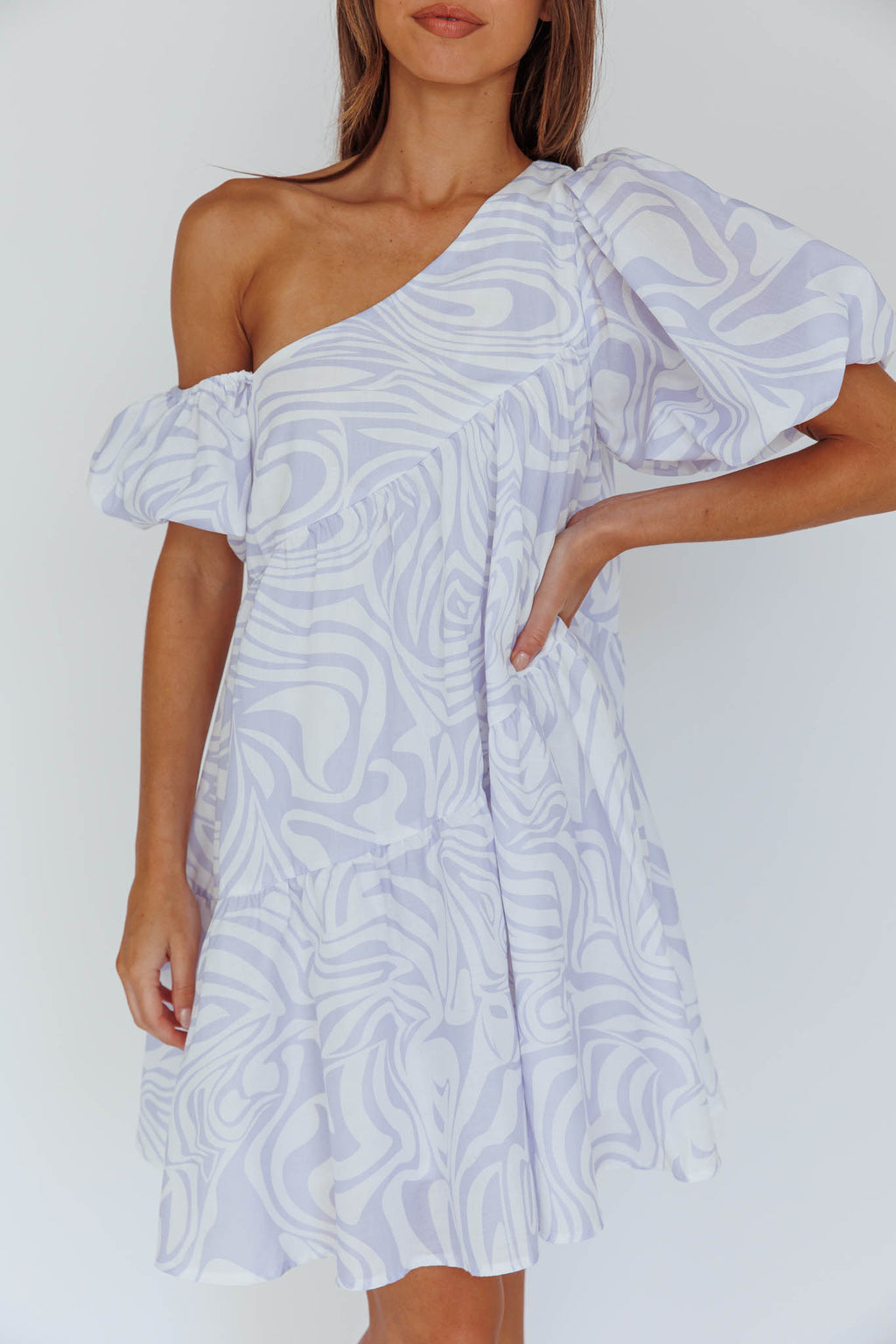 Villa Puff Sleeve One-Shoulder Dress Blue by Selfie Leslie Australia