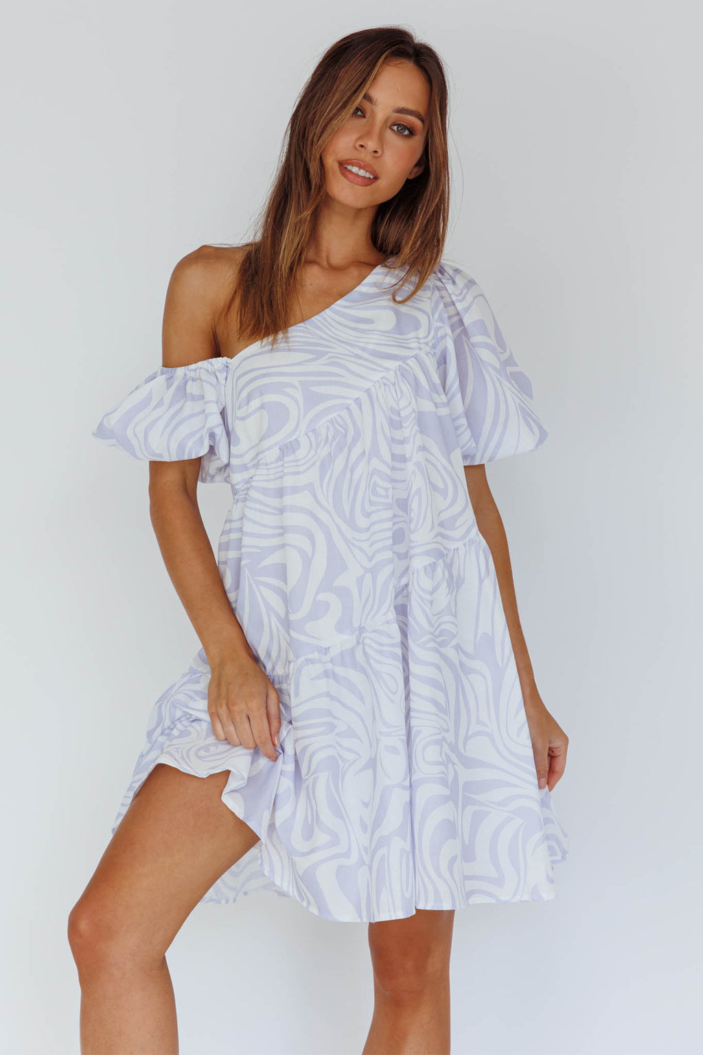 Villa Puff Sleeve One-Shoulder Dress Blue by Selfie Leslie Australia