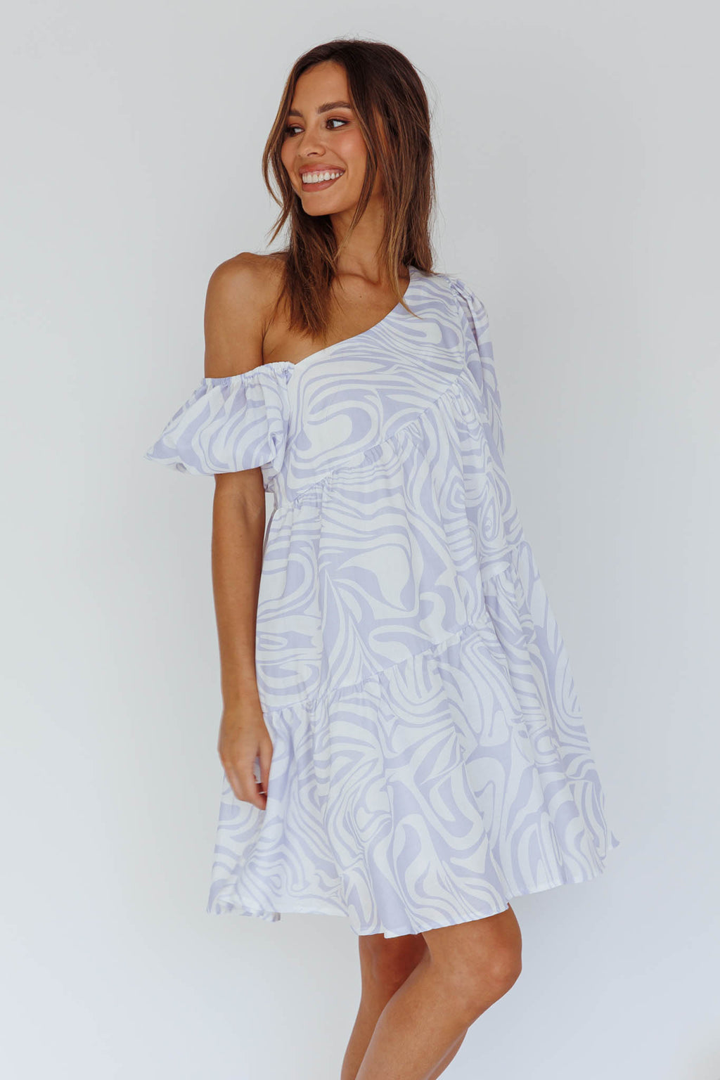 Villa Puff Sleeve One-Shoulder Dress Blue by Selfie Leslie Australia