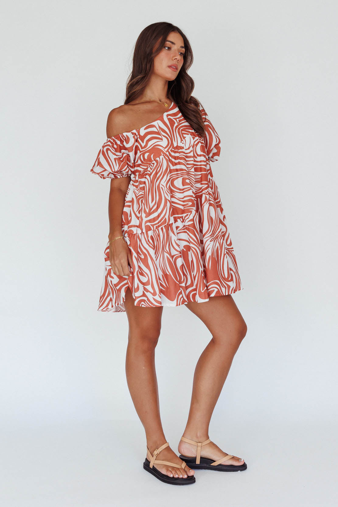 Villa Puff Sleeve One-Shoulder Dress Terracotta by Selfie Leslie Australia