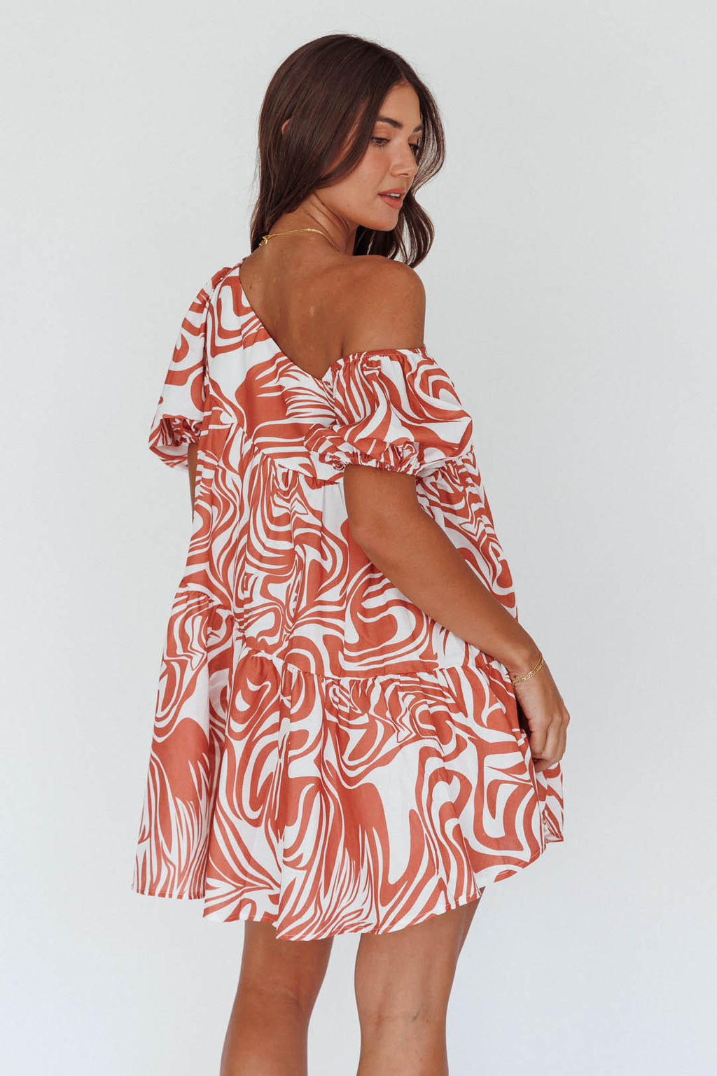 Villa Puff Sleeve One-Shoulder Dress Terracotta by Selfie Leslie Australia
