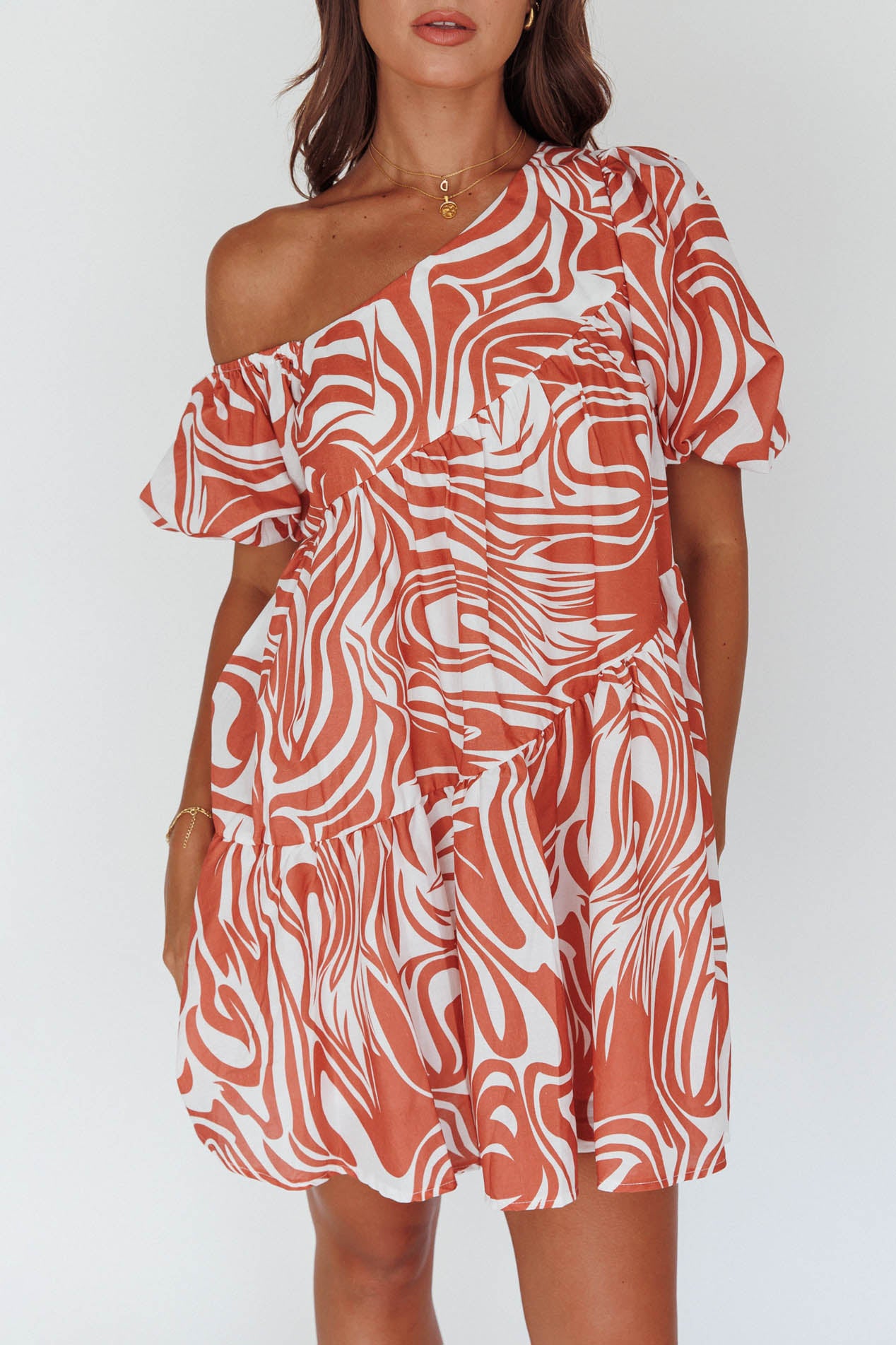 Villa Puff Sleeve One-Shoulder Dress Terracotta by Selfie Leslie Australia