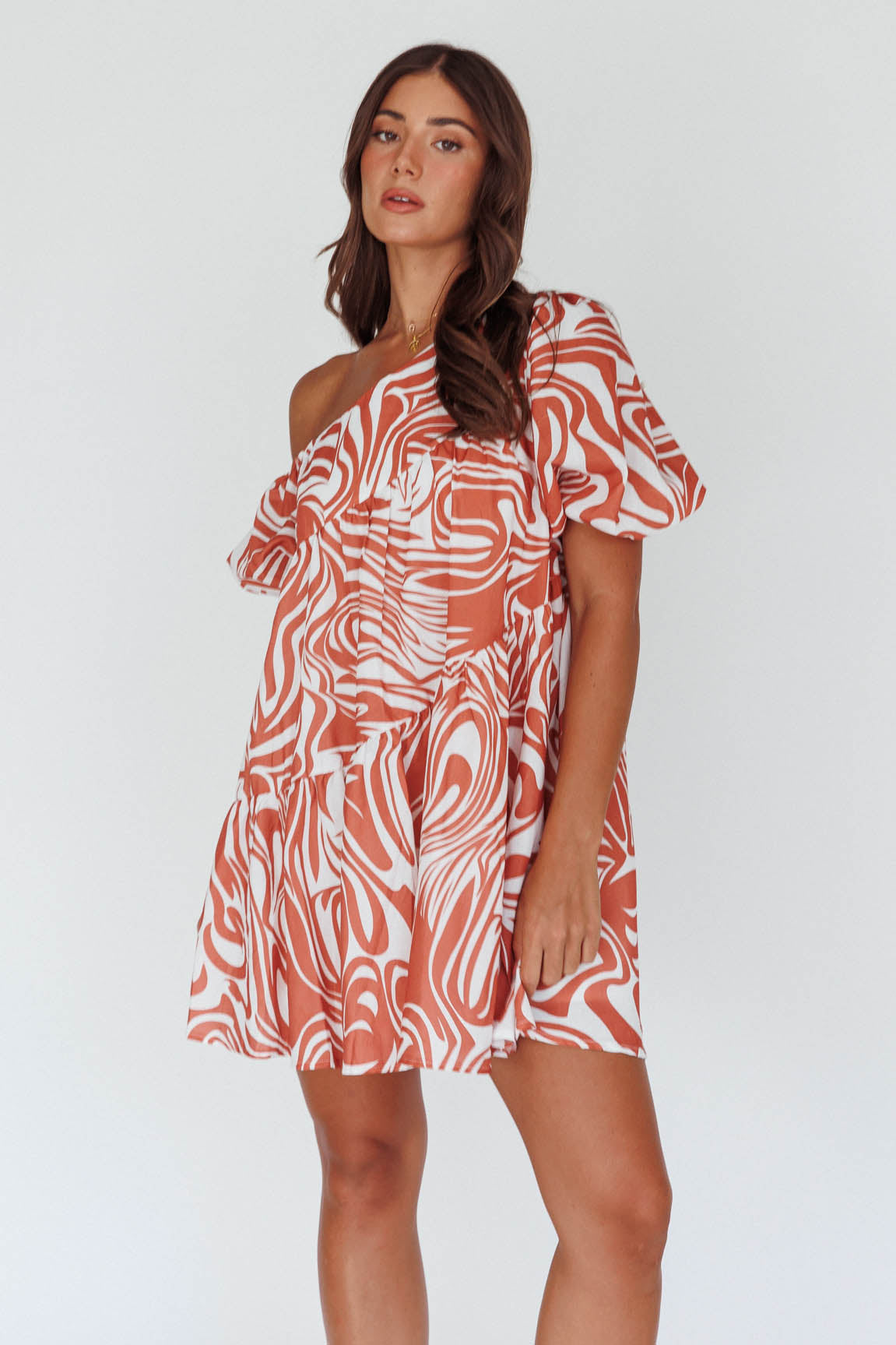 Villa Puff Sleeve One-Shoulder Dress Terracotta by Selfie Leslie Australia