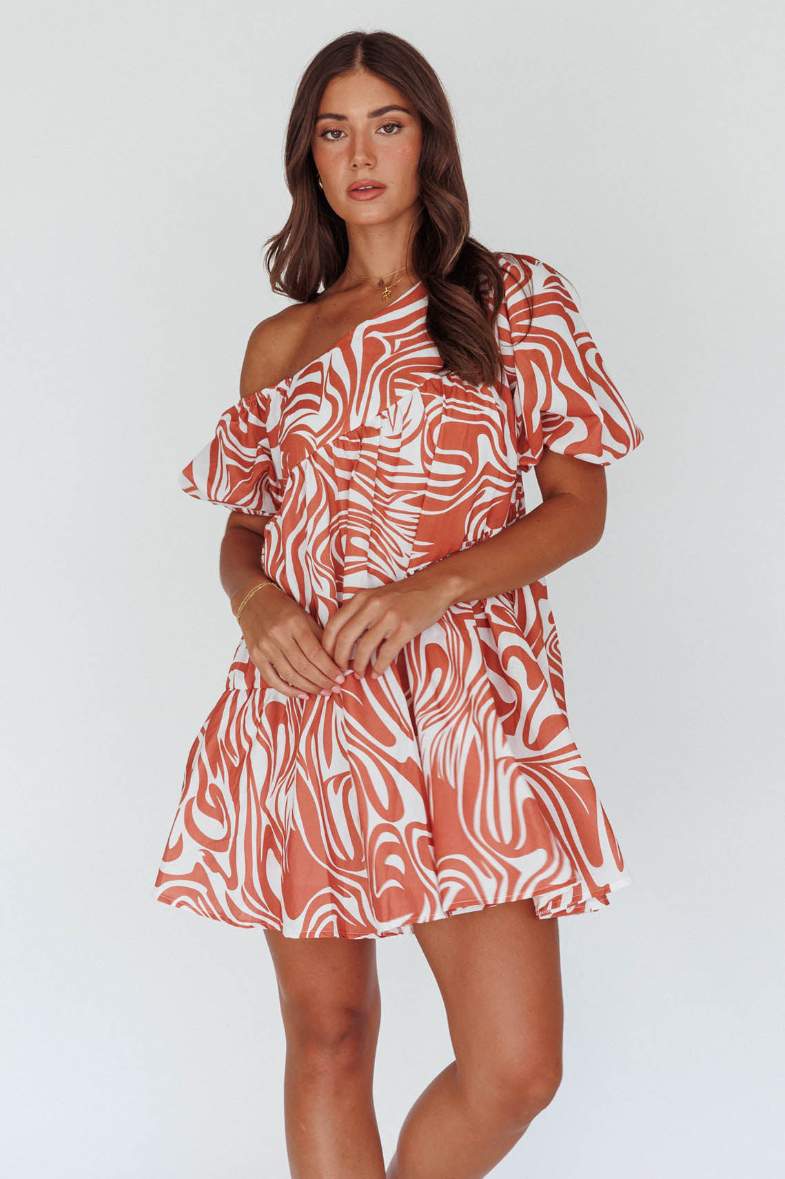 Villa Puff Sleeve One-Shoulder Dress Terracotta by Selfie Leslie Australia