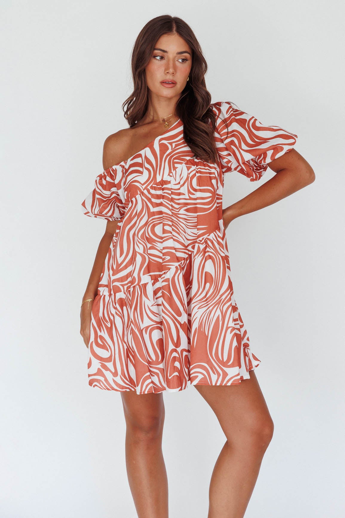Villa Puff Sleeve One-Shoulder Dress Terracotta by Selfie Leslie Australia