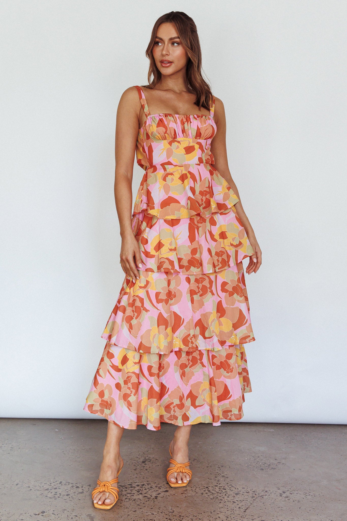 Provence Bloom Tiered Midi Dress Abstract Pink Multi by Selfie Leslie Australia